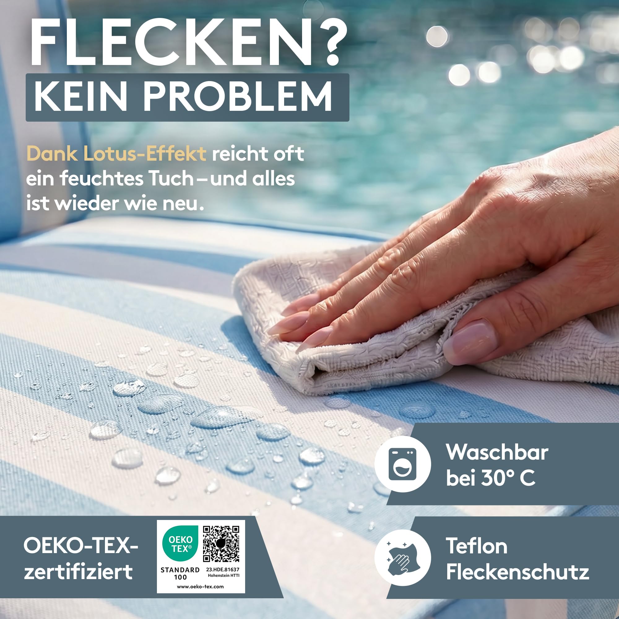 LILENO HOME Gartenstuhl Auflagen mit Kopfkissen [2er Set - Hochlehner] in Blockstreifen Aqua - Sitzauflagen für Gartenmöbel - Stuhlkissen für Gartenstühle und Klappstühle Dub