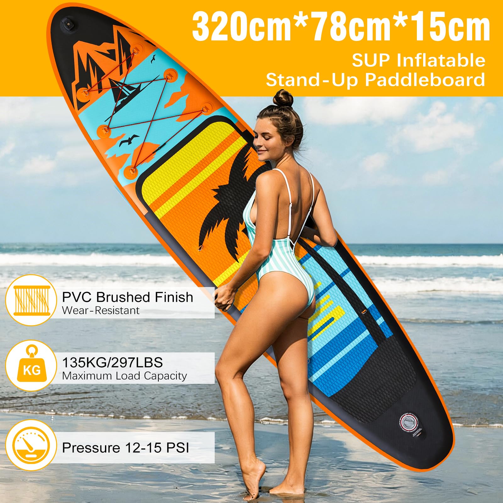 Tavola Da Surf Gonfiabile Adulto,320CM Gonfiabili Sup con Accessori: Pagaia, Pompa,Pinne di Pesce *3,Capacità Carico di 135 KG,Plus Tavola Sup Per Adatto Surfisti Tutti i Livelli