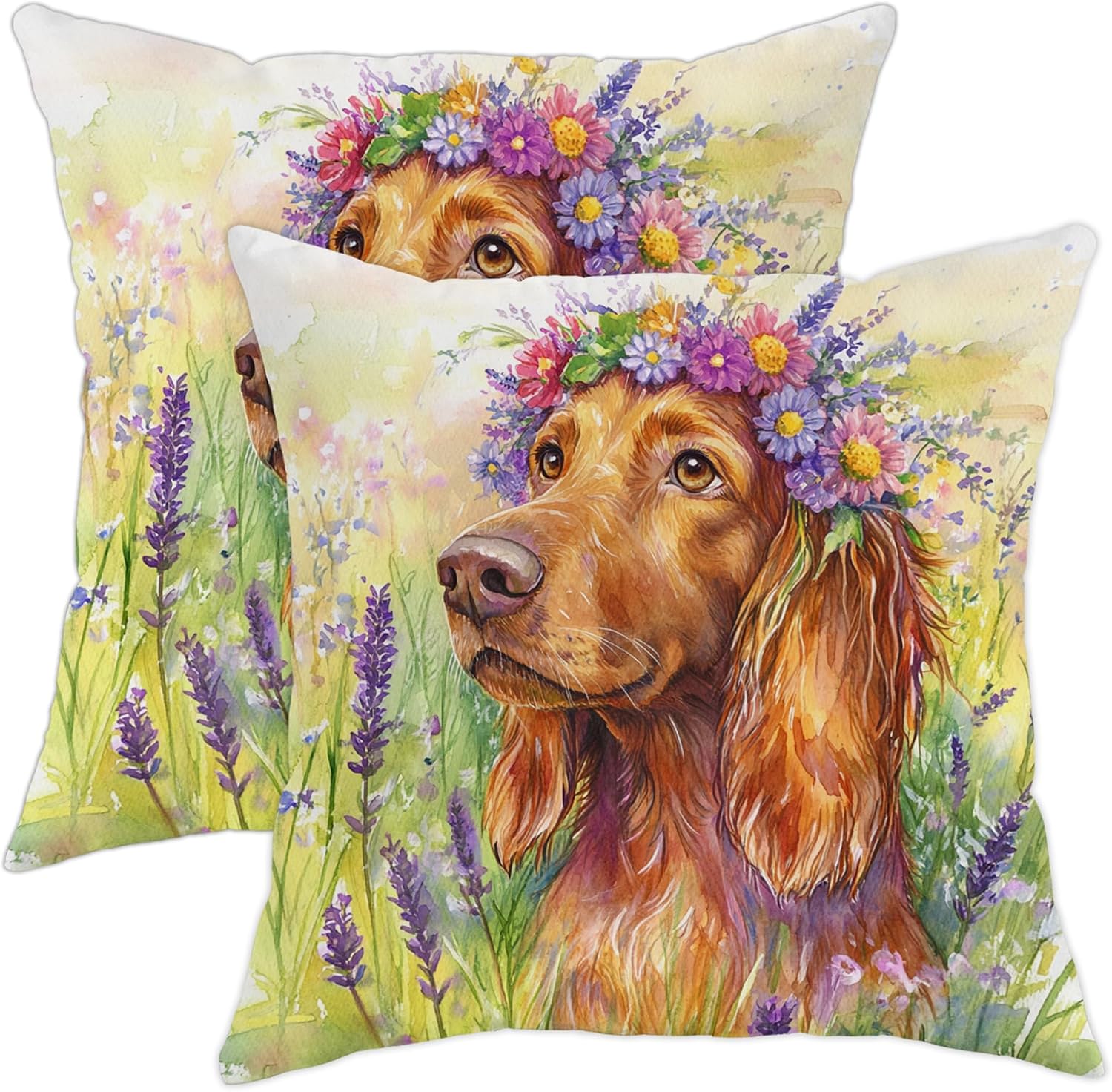 Irish Setter Dog Throw Pillow Covers 18x18 Set of 2, Soft Comfy Aesthetic Floral Plant Pillow Cases Kit, Spring Pet Velvet Decorative for Couch Sofa Living Room Bed