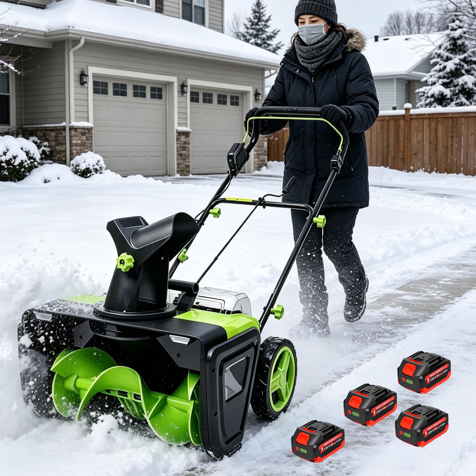 Rimuovi Neve Elettrico per marciapiede Ingresso — 40V, 3500W Motore Senza spazzole, 50cm Larghezza, gittata Massima 7,6 m, coclea in Nylon, spazzaneve per terrazza e Cortile 4Batteries