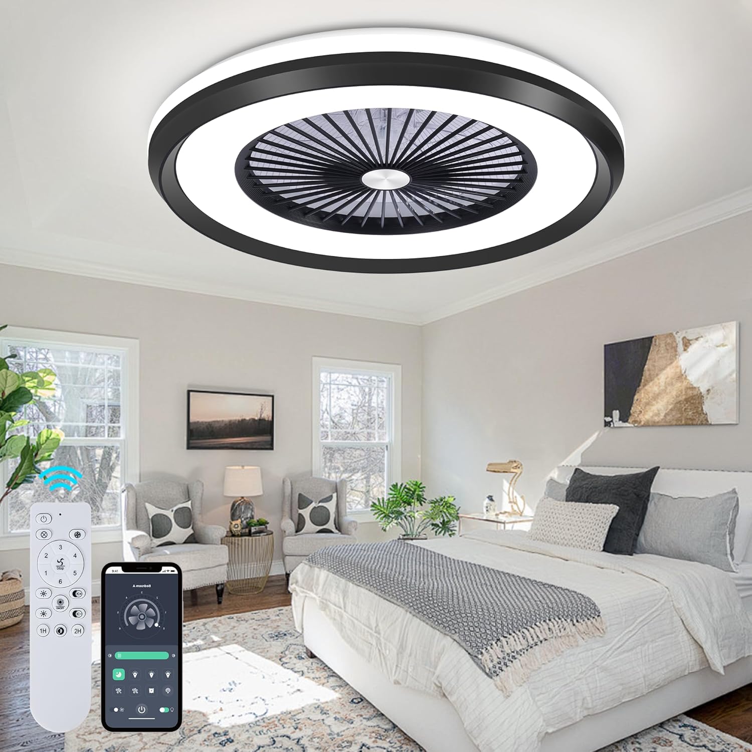 24" Low Profile Ceiling Fan with with Light, Bladeless Ceiling Fan with 3-Dimmable Light, Smart Flush Mount Ceilings Fans Lighting Remote & APP Control, 6 Speeds Timing Reversible, Black