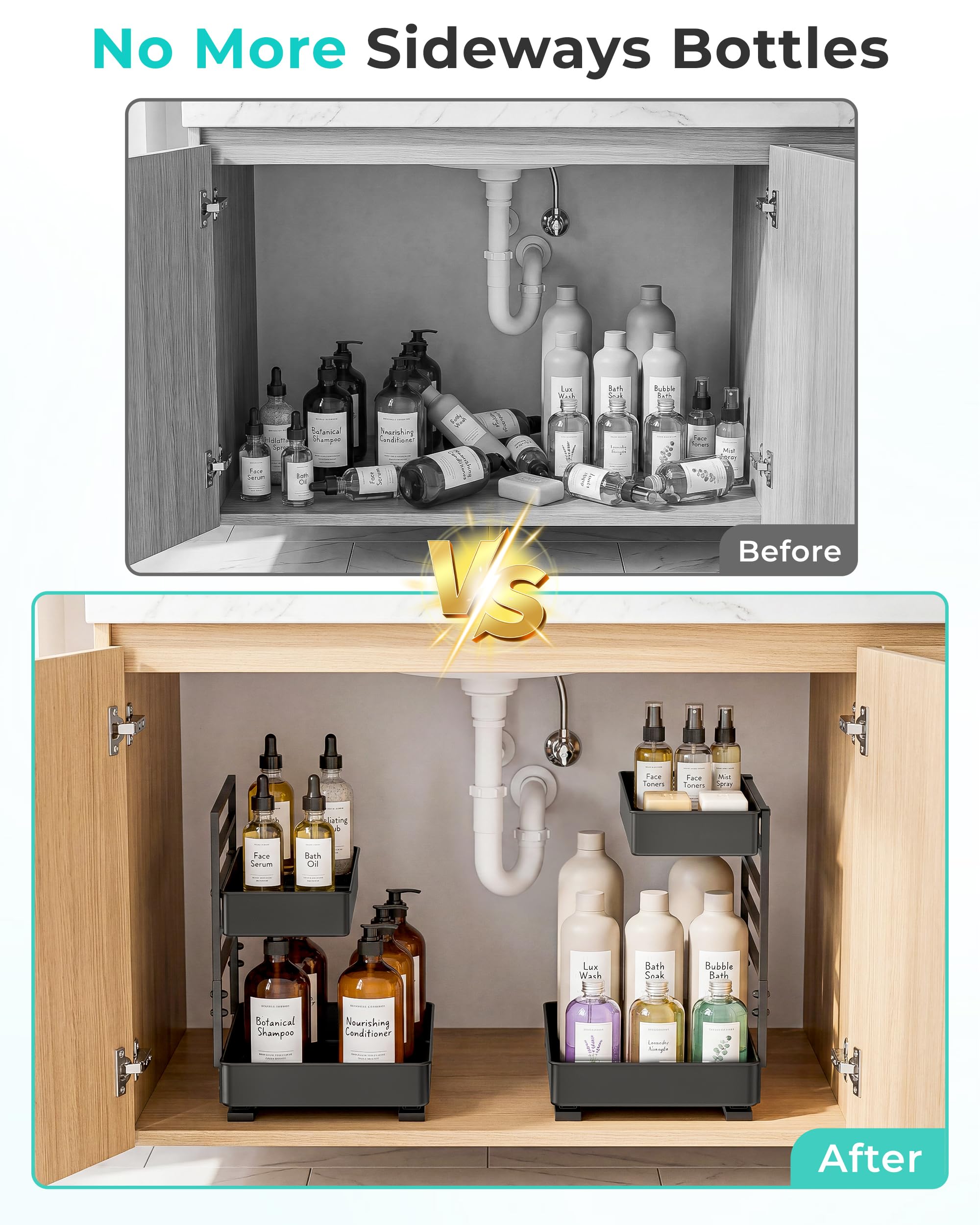 Everie Ausziehbares Regal für die Organisation unter der Spüle in Küche, Bad, Theke, Schränke (schwarz, 1 Set)