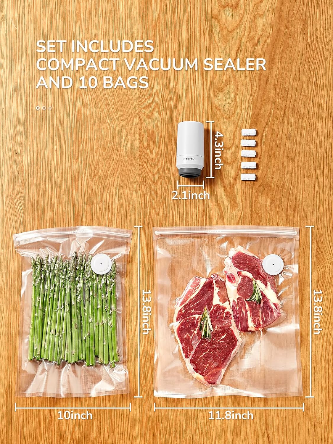 Reemix Handheld Vacuum Sealer Machine with 10 Reusable Bags | (10"x13.8" & 11.8"x13.5"), Wireless Rechargeable Food Sealer for Sous Vide, Meal Prep, BPA-Free, Portable & Space-Saving