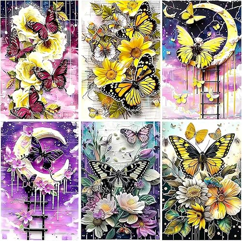 Leatrice Juego de 6 piezas de arte de diamantes de mariposa para adultos, pintura de diamantes redondos, kit de pintura de gemas para adultos,