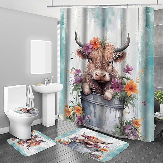 Cow Shower Curtain 4PCS Set Western Farmhouse Funny Highland Cow Get Animal Print for Non-Slip Bath Rugs Soft Toilet Mat Rustic Bathroom Decor (Blue Sunflower Cow 4PCS)
