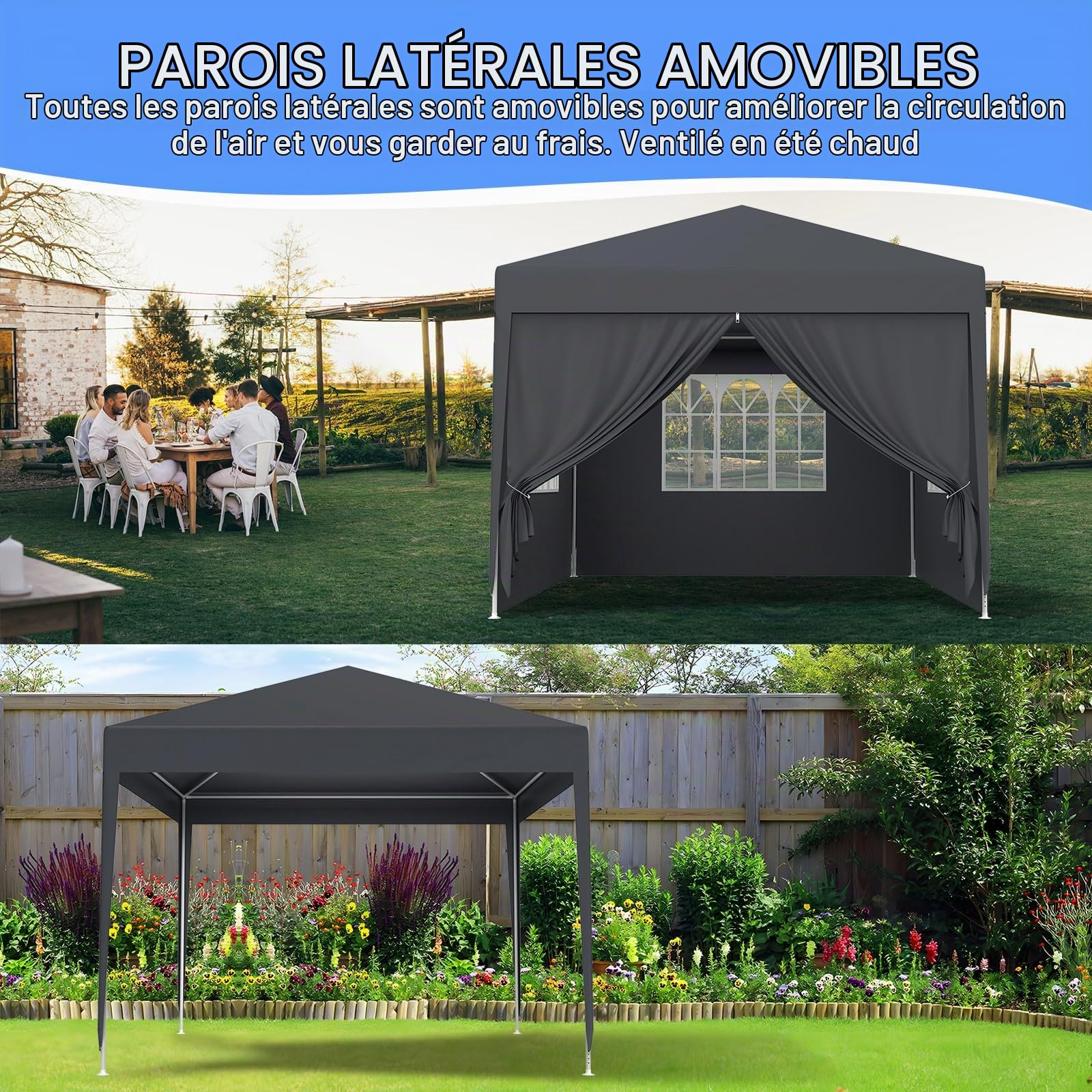 Kuro sagol Tonnelle de Jardin 3x3M,Tente Réception,Tente de Campingavec Fenêtres、Parois Latérales，Imperméable,Anti UV，Résistant au Vent Auvent,Barnum pour Camping Festival Plage,Anthracite