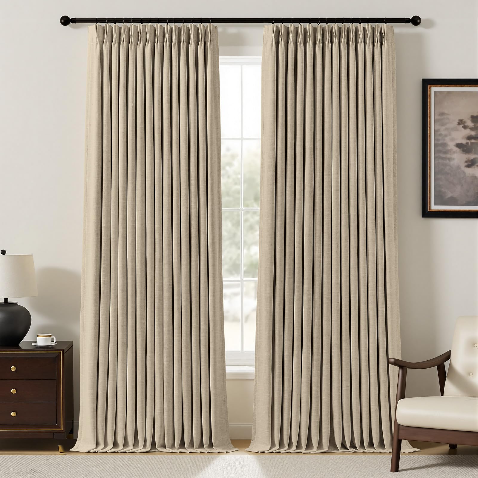 Photo 1 of YZ HOME Pinch Pleated Linen Curtains 100% Blackout 95 Inches Long for Living Room Bedroom, Memory Thermal Insulated Room Darkening Window Drapes with Rings Hooks, 2 Panels, Sand, 40" Wx95 L