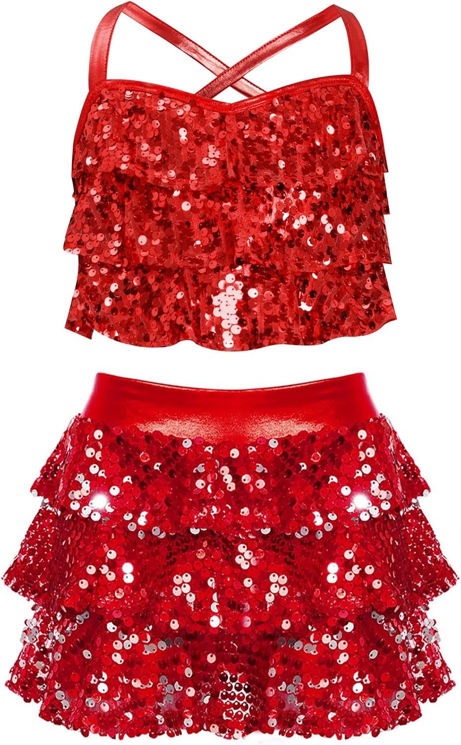 Kids Girls Ballet Modern Jazz Latin Dance Outfit Shiny Sequin Camisole Crop Top with Skirt Set Dancewear