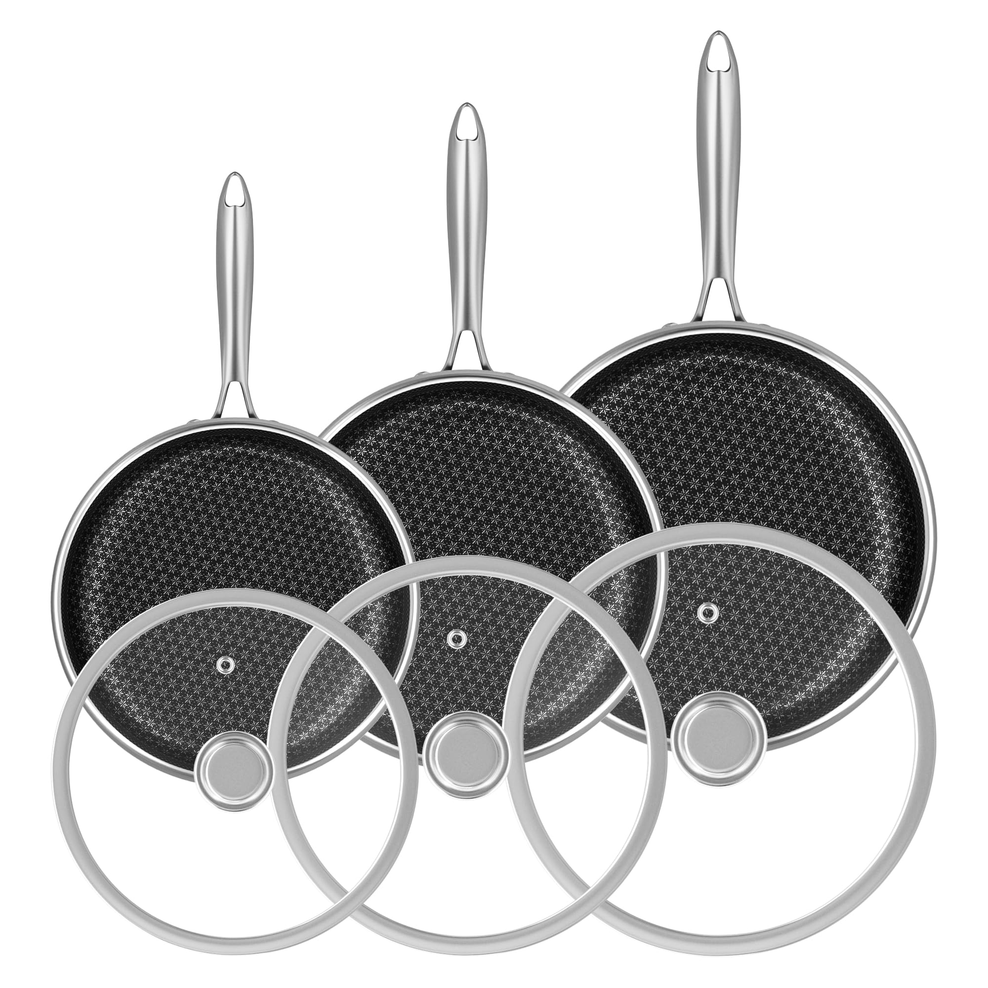 RIOVARM Acciaio inossidabile Set di padelle con coperchi Induzione Antiaderente Padella Wok 20cm 26cm 30cm Lavabile in lavastoviglie Sicura per il forno Padelle e padelle universali Padella Omelette