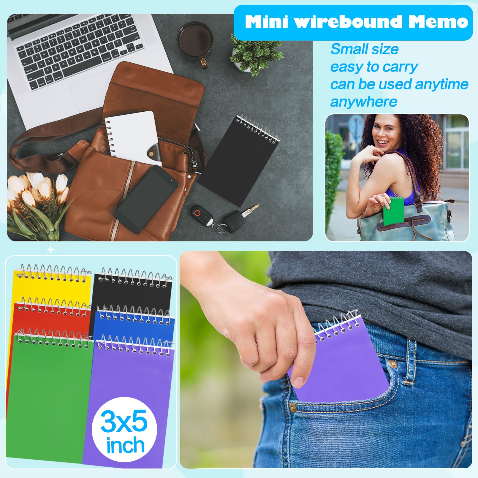 Paquete de 12 cuadernos de notas, 3 x 5 pulgadas, mini cuadernos de notas en espiral, 6 colores surtidos para accesorios de oficina en casa, 75 hojas/bloc de notas