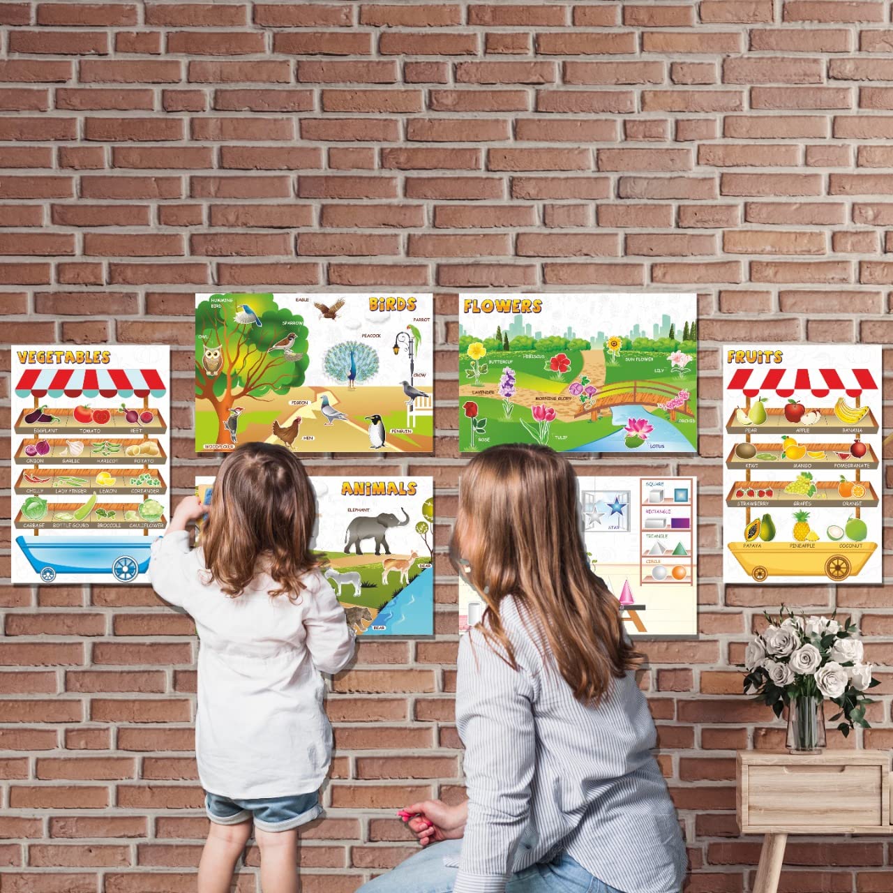 VantageKart Educational Wall Posters Set of 6 for Kids | Birds, Animals, Fruits, Vegetables, Flowers & Shapes Charts | 12x18 Inch Preschool Learning Charts for Toddlers, Nursery, LKG, UKG 4