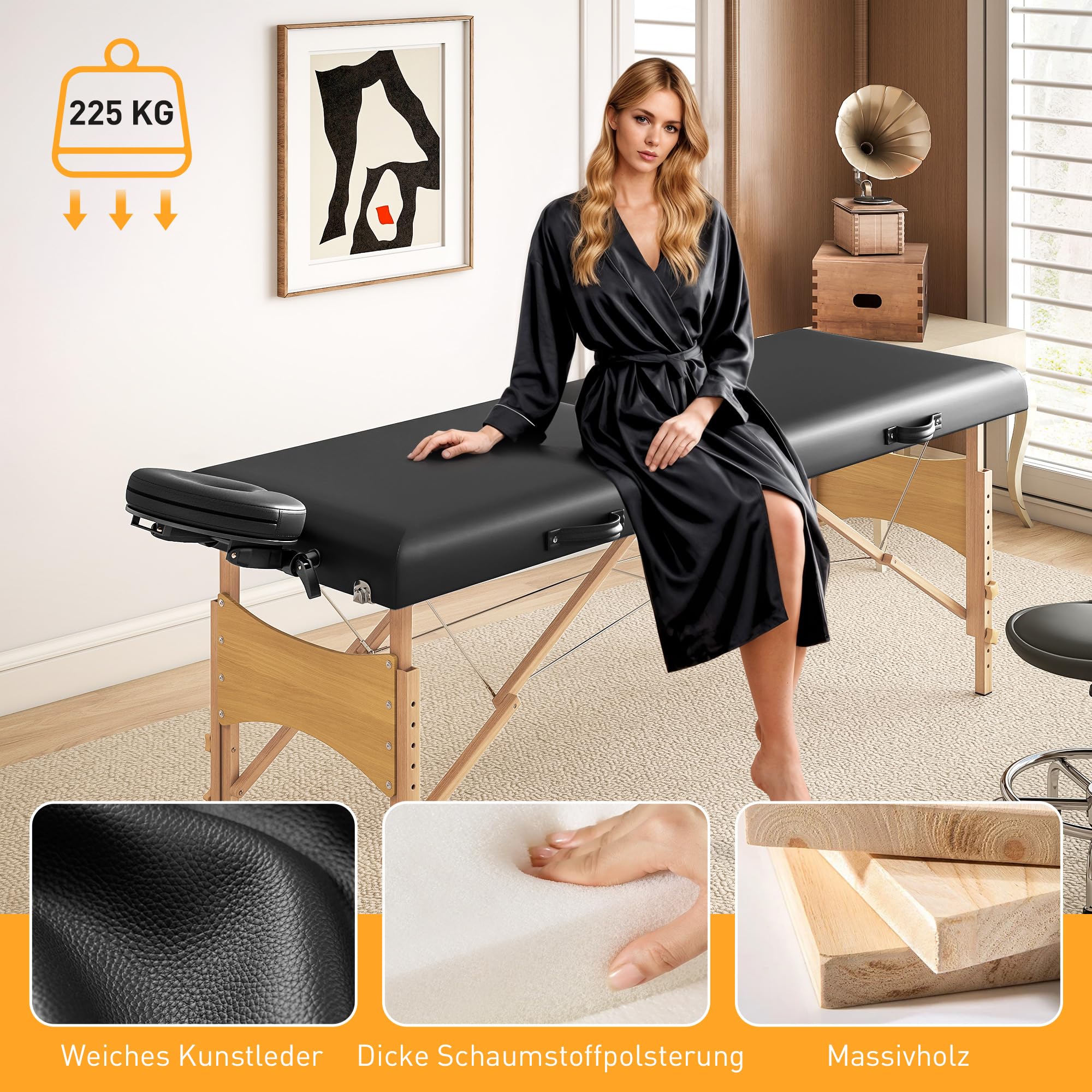 HOMCOM Mobile Massageliege 2 Zonen Klappbar Massagetisch Höhenverstellbar Massagebank 70 cm Breit mit Kopfstütze, Holzfüßen Massagebett Kosmetikliege Schwarz