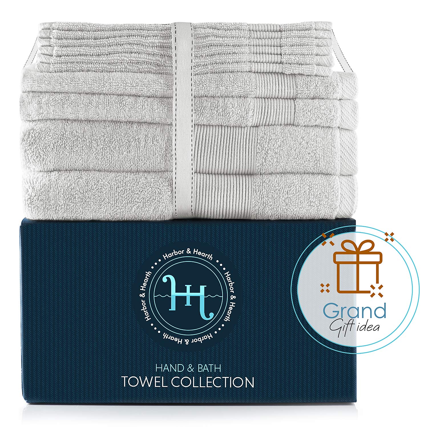 Hearth & Harbor Zestaw 100% bawełny – ultramiękki i wysoce chłonny ręcznik plażowy, do spa i łazienki, do ciała, pod prysznic, 2 do rąk, 6 ścierek, biały