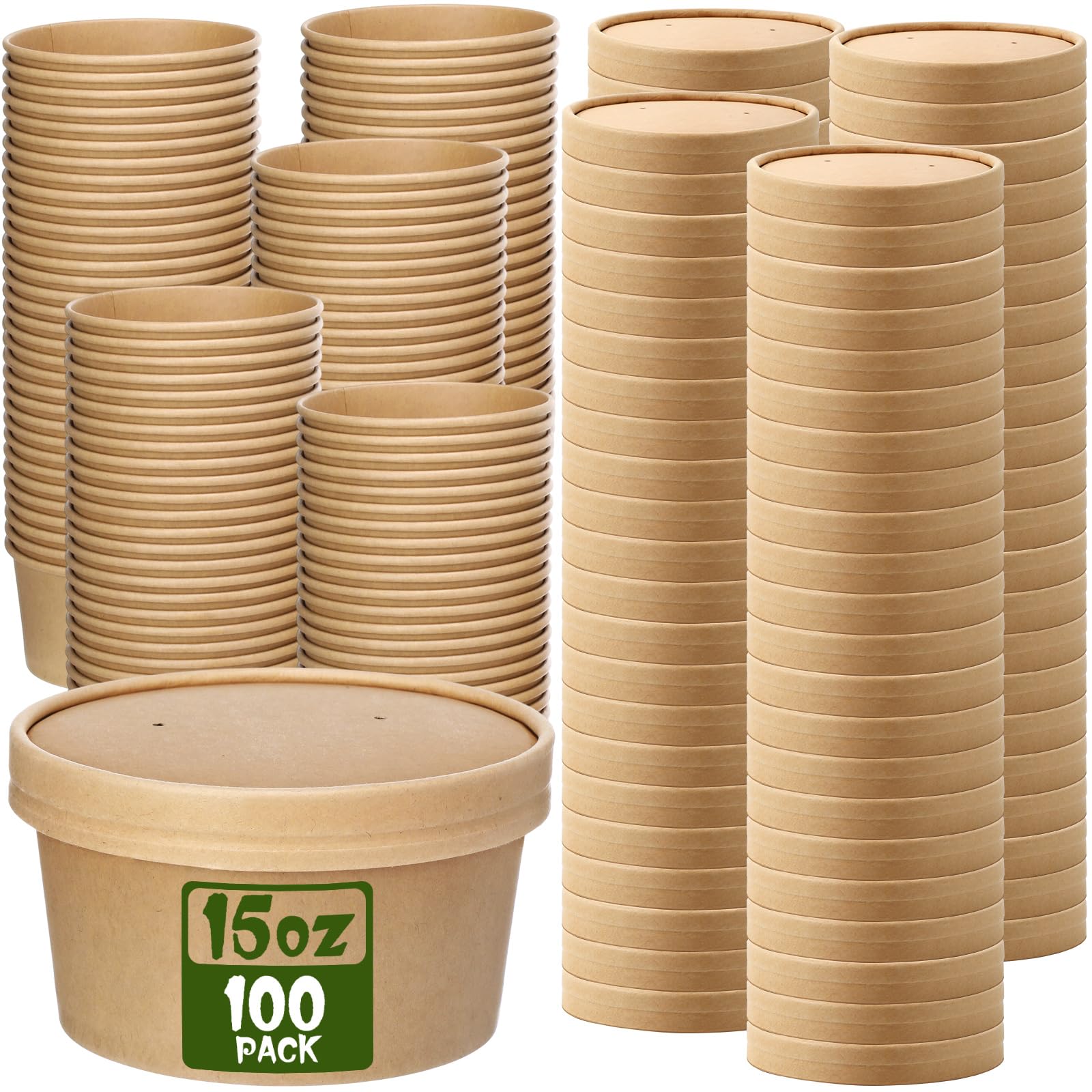 Fulmoon 15 oz 100 Pack Paper Containers with Lids Soup Bowl Cup, Brown