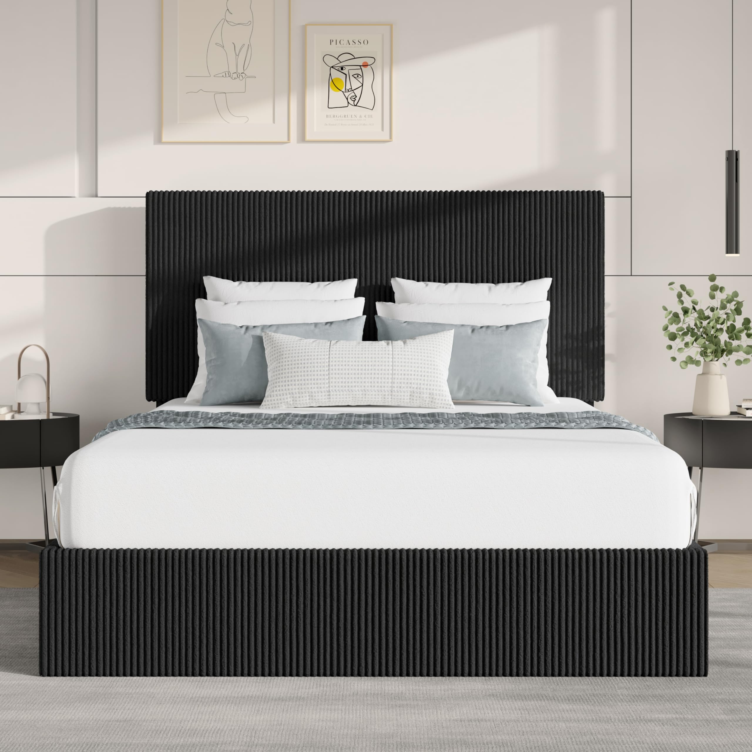 SHA CERLIN Queen Bed Frame, Corduroy Upholstered Platform Bed, Adjustable Vertical Channel Tufted Headboard, Modern Low Profile Frame, No Box Spring