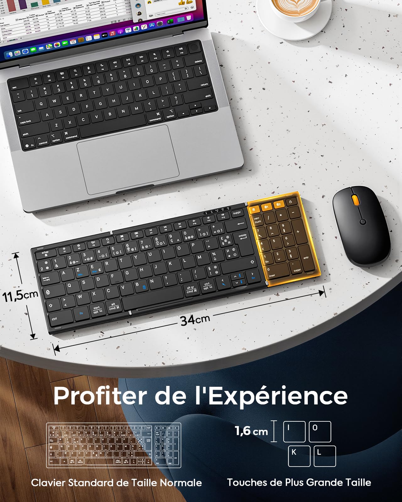 MoKo Clavier Souris sans Fil Pliable, AZERTY Clavier Bluetooth Portable | 2.4G+Dual BT5.0, avec Pavé Numérique, Recharge via USB-C, Coque de transport, pour Affaires et Voyages, pour Tablette iPad PC