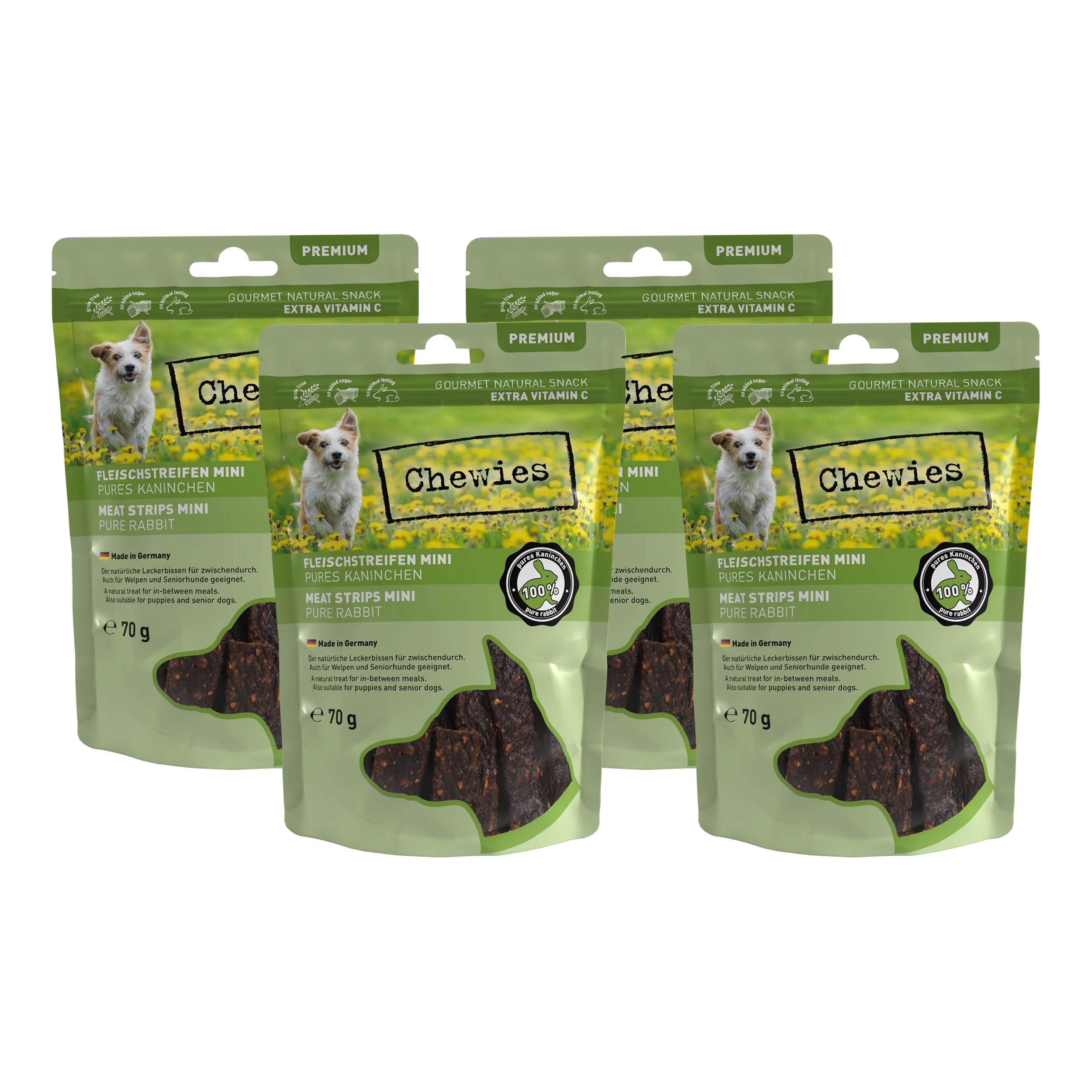 Chewies Fleischstreifen MINI Hundeleckerli aus 100% Kaninchenfleisch - 4 x 70 g - Snack für kleine Hunde - luftgetrocknete Kaninchen Kaustreifen - hypoallergen & getreidefrei - Dörrfleisch