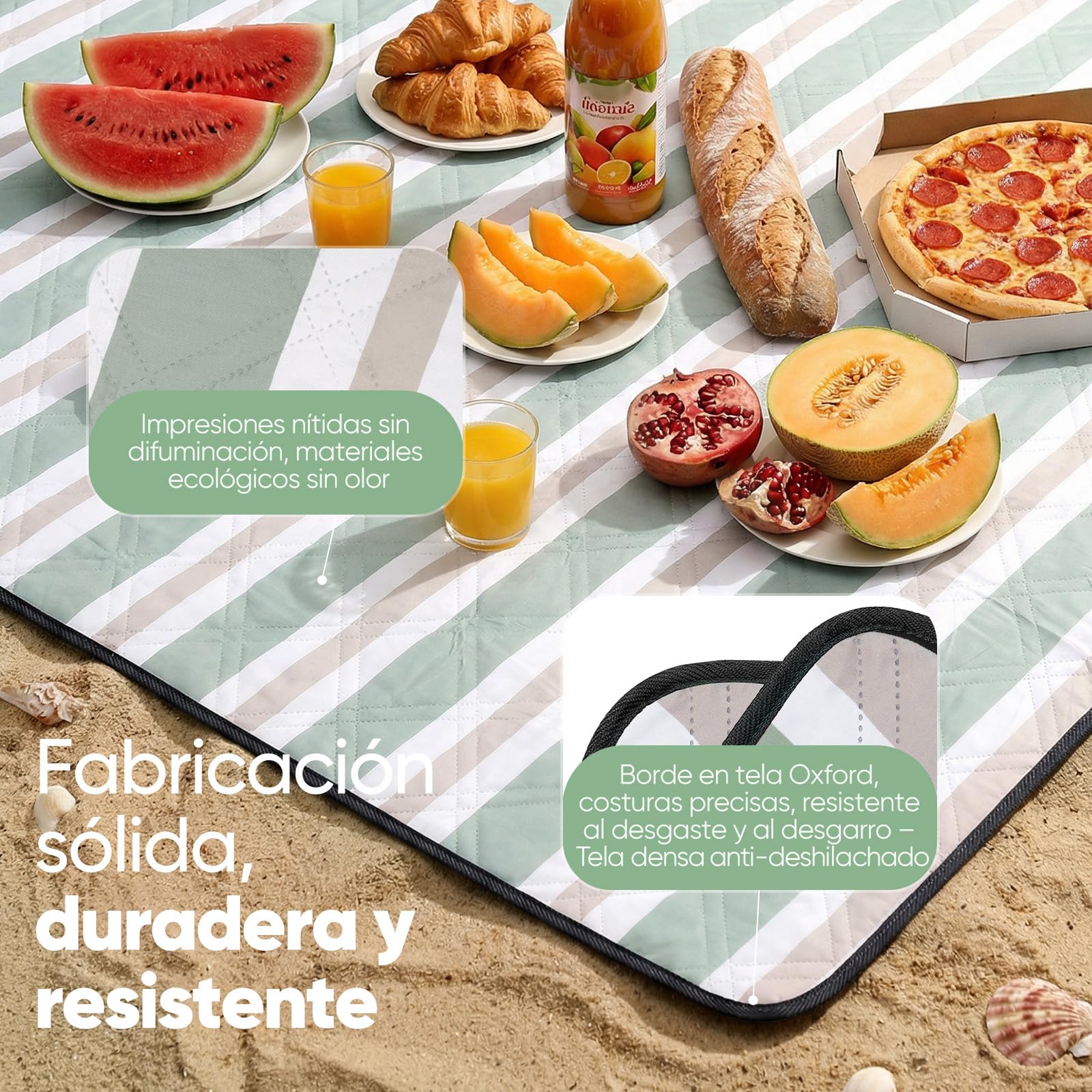 Sekey Manta Picnic 200x200 cm Manta Picnic Impermeable Antisuelo Acolchada Tres Capas Fondo PEVA Correa de Transporte para Picnic, Camping, Playa