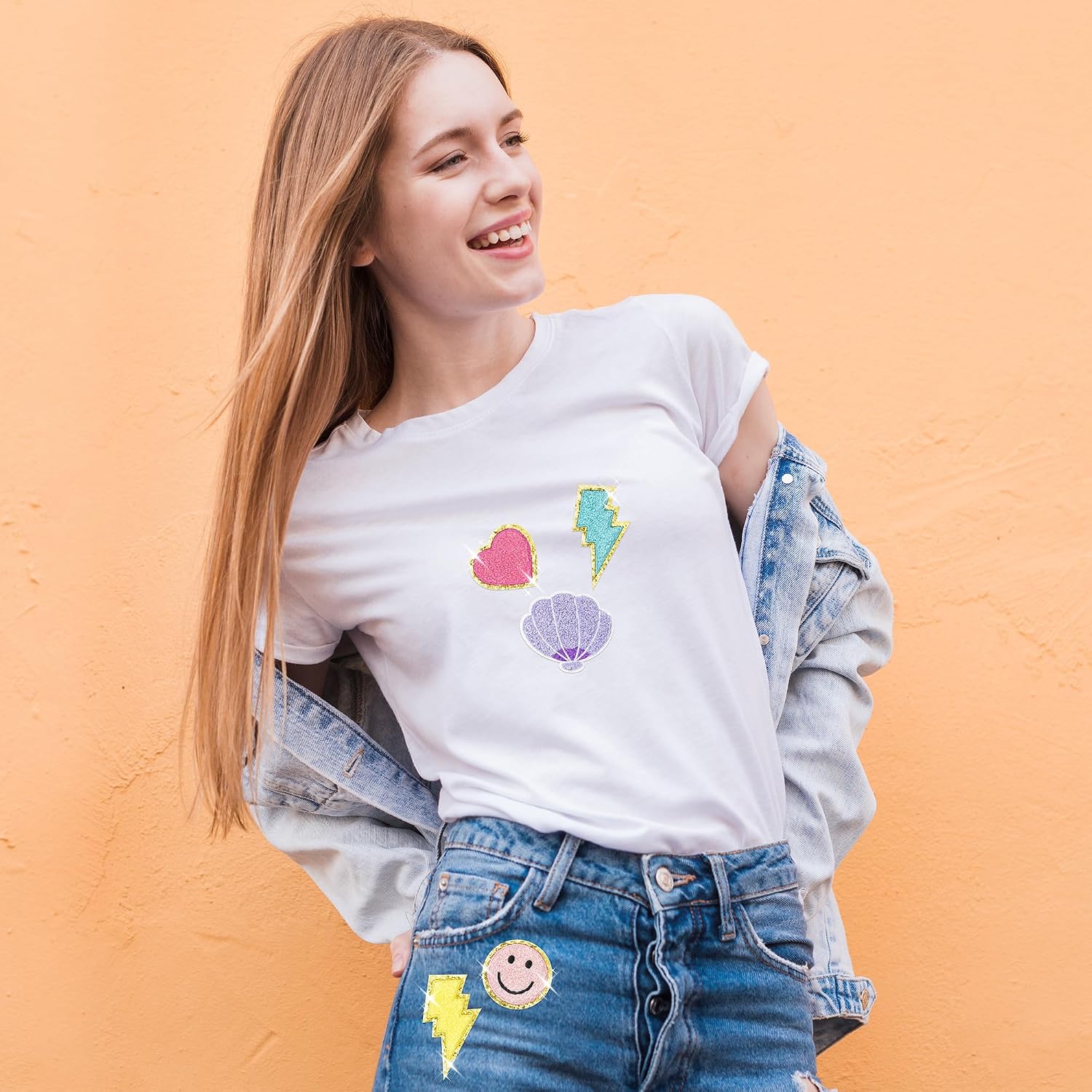 24Pcs Preppy Chenille Patches Colorful Glitter Smile Lightning Bolt Heart Rainbow Flower Sew Iron on Repair Embroidered Applique Girly Style DIY Crafts Decorative Gift for Clothing Backpack Hat