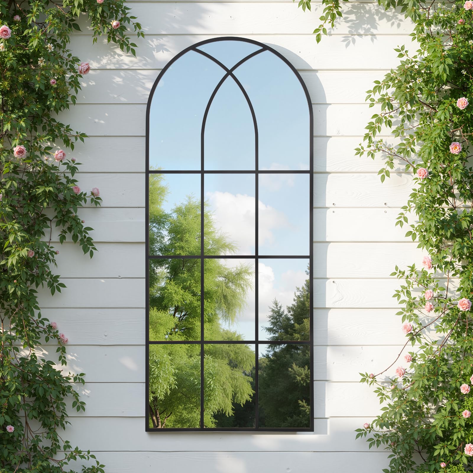 Reflix Arched Window Mirror, 60x165 cm Full Length Mirrors for Decor Garden Outdoor, Distressed Gothic Wall Mirror with Aluminum Frame for Hallway,Living Room,Bedroom, Entryway, Black