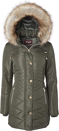 Women Longer Length Plush Lined Quilted Winter Puffer Coat Zip-Off Fur Trim Hood