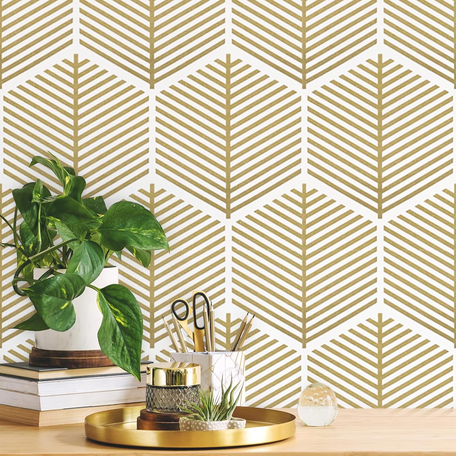 Fititem Gold Peel and Stick Wallpaper Boho Modern Gold and White Contact Paper Removable Self Adhesive Waterproof Wallpaper for Bathroom Bedroom Hexagon Accent Geometric Contact Paper 17.3inW 393inL