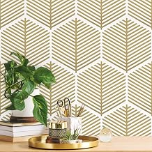 Fititem Gold Peel and Stick Wallpaper Boho Modern Geometric 17.3393 | Gold and White Contact Paper Removable Self Adhesive Waterproof Wallpaper for Bathroom Bedroom Accent Hexagon Contact Paper