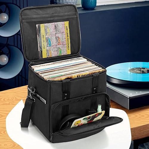 Miniatura 7 de Trunab Bolsa de Transporte para Discos de Vinilo Estuche de Almacenamiento de Álbumes, con Divisores Capacidad para hasta 60 Discos LP, Portadiscos