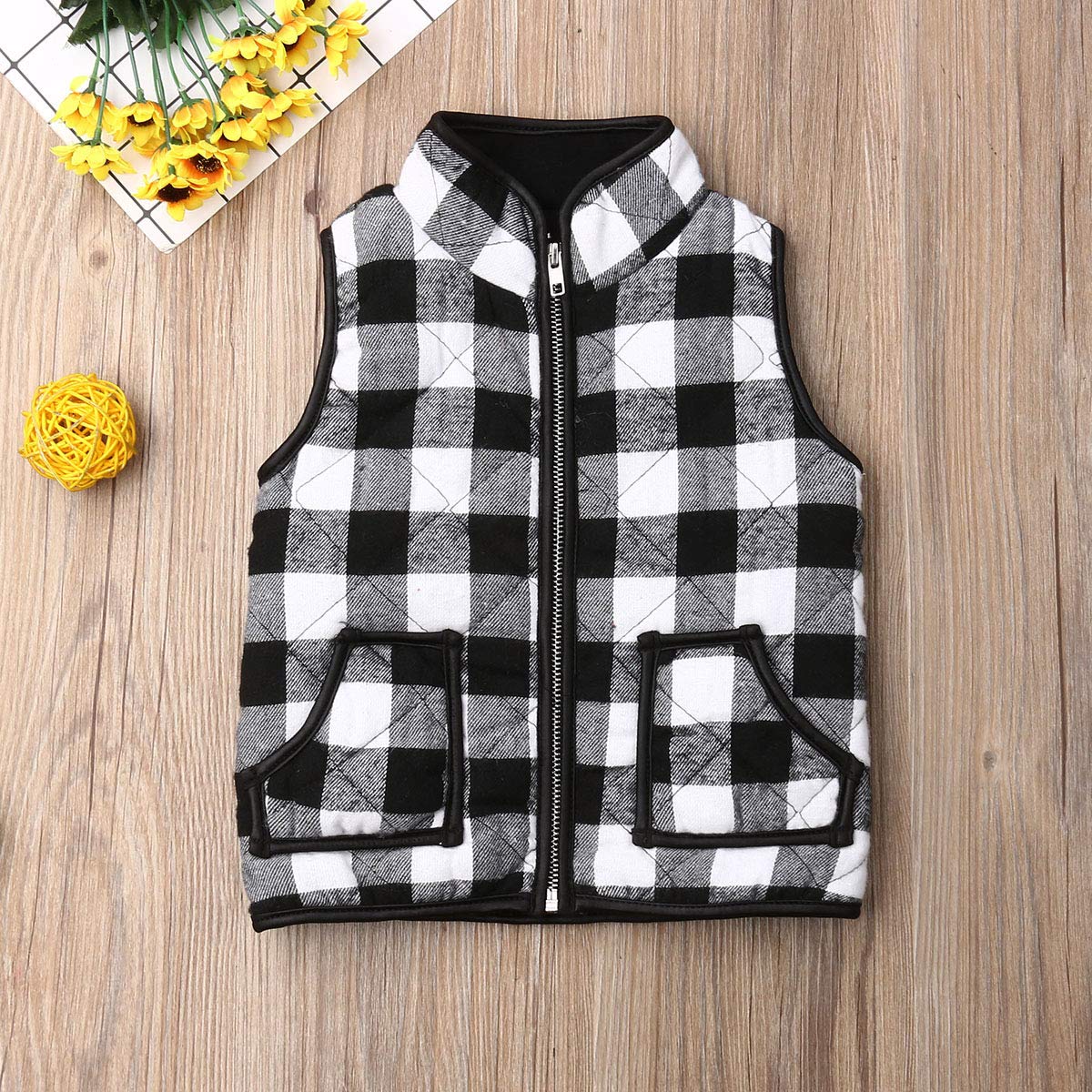 FEIBEL Toddlers Winter Warm Zip Up Tank Tops Kids Buffalo Plaid Christmas Jacket Vest Puffer Quilted Gilet for Boys Girls (White, 1-2 Years)