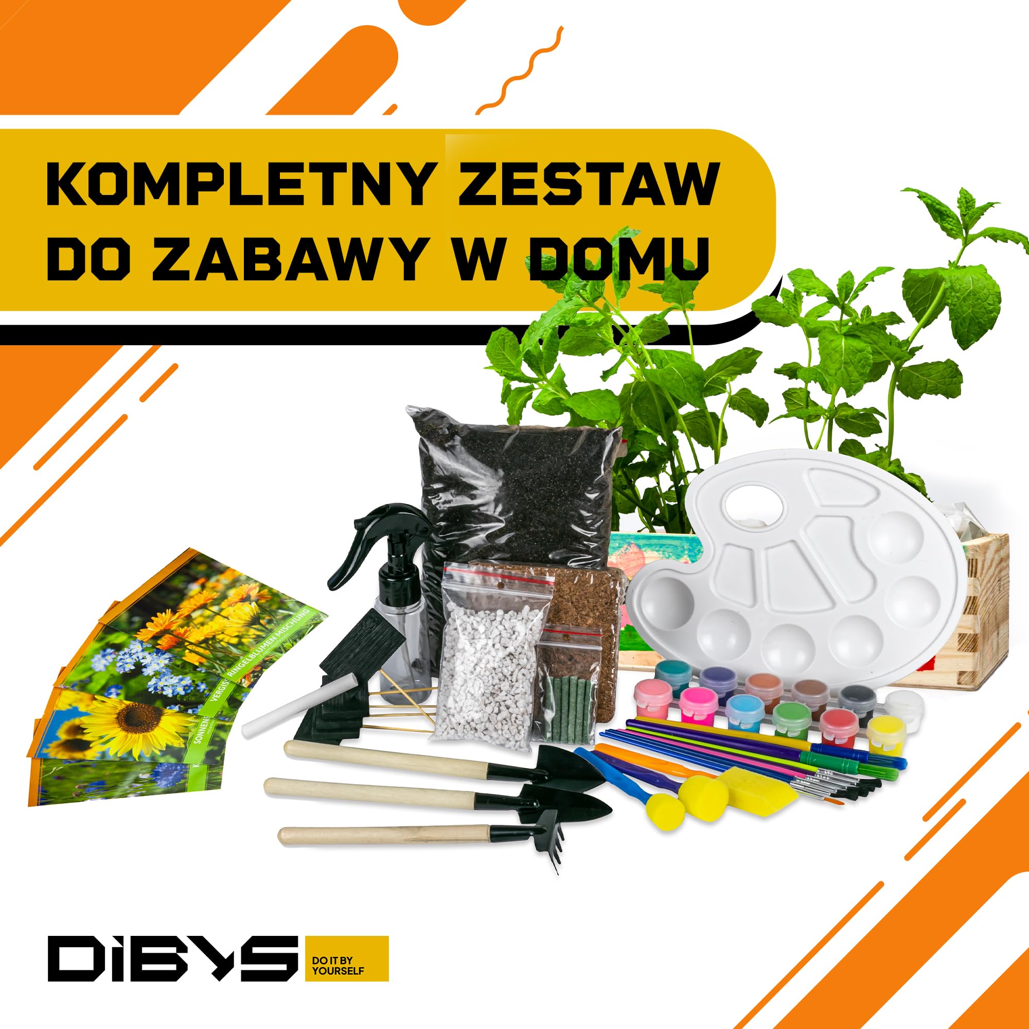 DIBYS Zestaw do Uprawy dla Dzieci | Kompletny Zestaw Ogrodowy z Nasionami Kwiatów, Drewnianymi Narzędziami, Ziemią, Farbami i Skrzynką do Malowania | Kreatywny Pomysł na Prezent | Zestaw Roślin