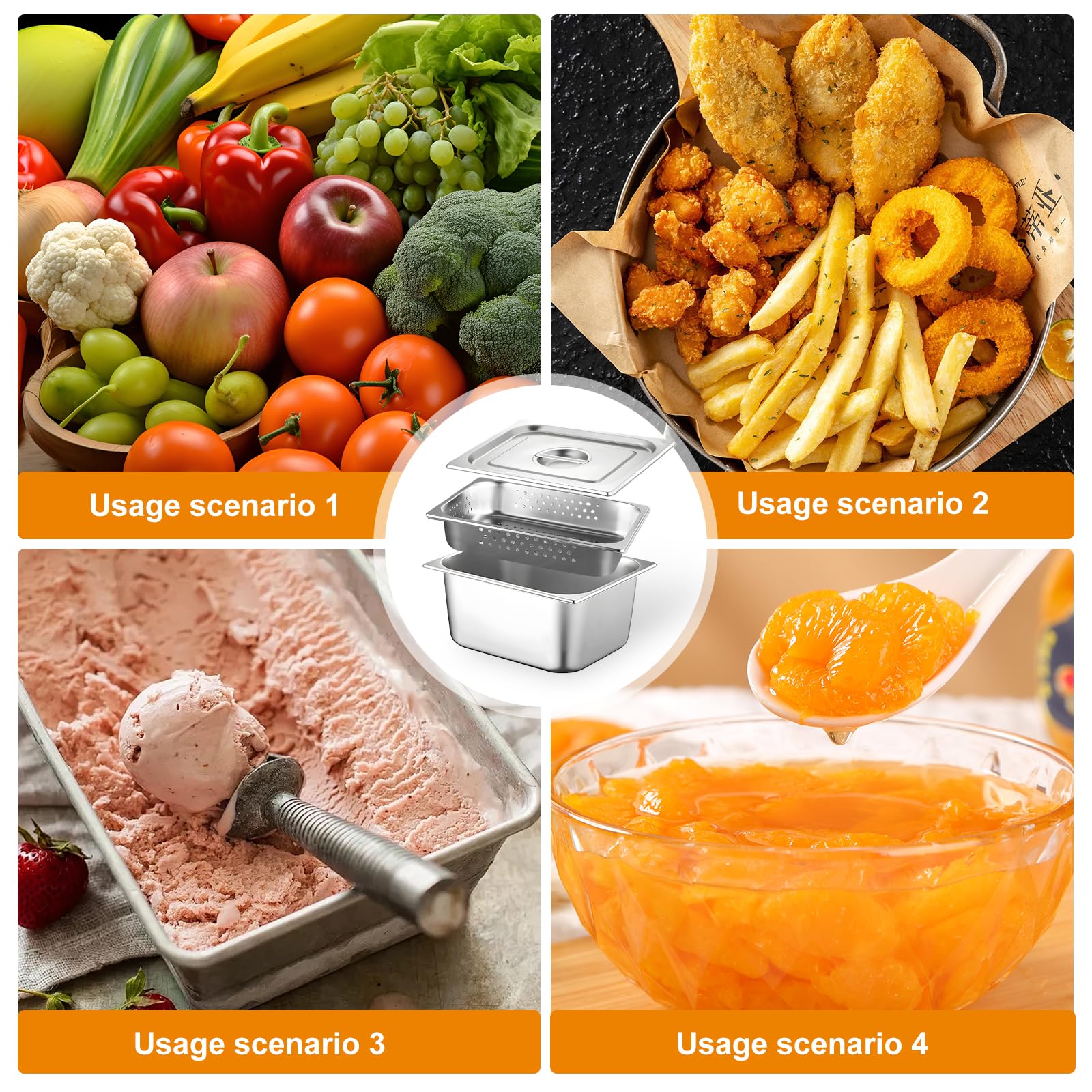 Juego de bandejas para empanar, recipiente gastronorm, recipiente gastronorm, acero inoxidable, 32,5 x 26,5 x 10 cm, sartén de acero inoxidable con orificios y tapa para escurrir o como bandeja de