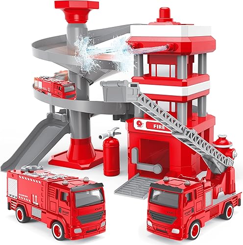 AMAMA Juguete de garaje para automóvil pistas de coche para niños con 2 camiones de bomberos y emocionante rociador de agua 21 piezas de juguete