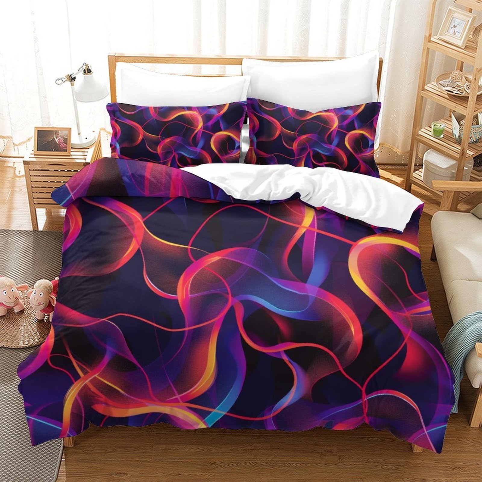 Parure de lit imprimé 3D courbe néon avec housse de couette garçon fille