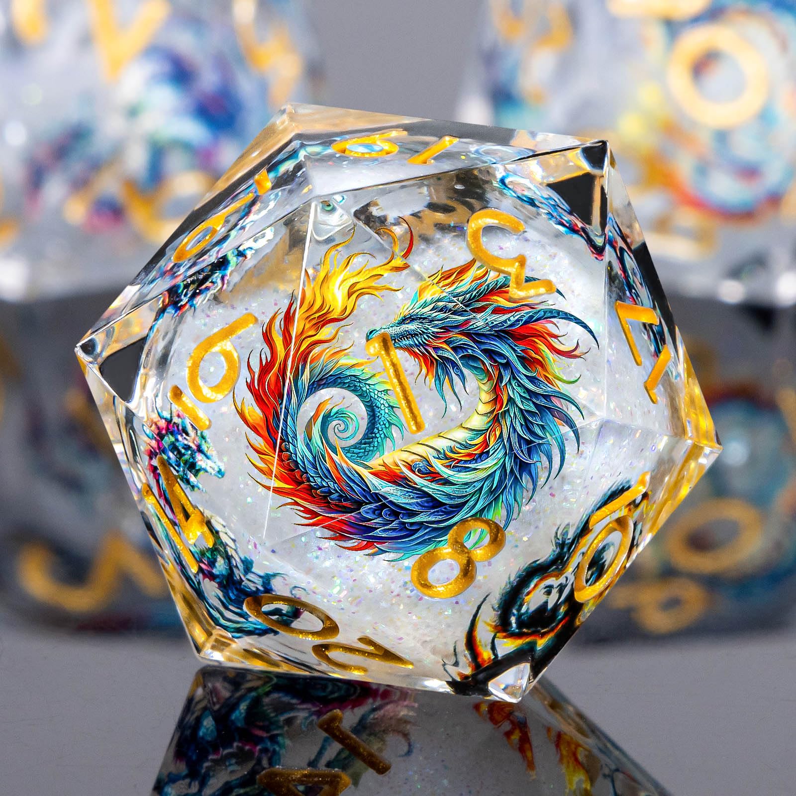 Roycevon Dragon Pattern Liquid Core DND Dice Set, 7Pcs Sharp Edge D&D Dice with Gift Box, Resin White Role Playing Dice D20 D12 D10 D8 D6 D4