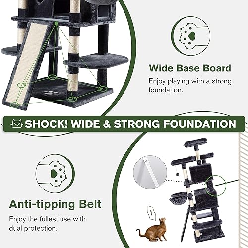 Vista 7 de IMUsee 68 Inches Multi-Level Large Cat Tree for Large Kitties/Big Cat Tower with Condo/Cozy Plush Perches/Sisal Scratching Posts and Hammocks/ Gris