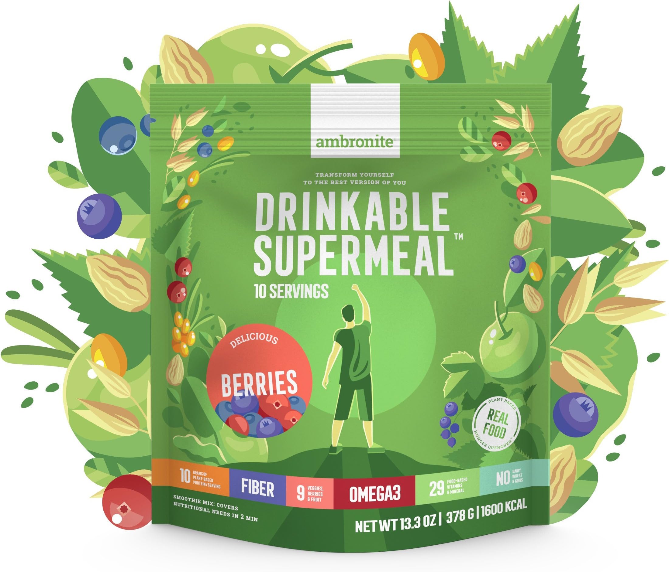 Meal Replacement Nutritional Shake by Ambronite - BERRIES - High Fiber Superfood & Protein Drink for Healthy Weight Loss - All Natural Smoothie Mix for Men and Women - 13.3 oz, 1600 cal Pouch