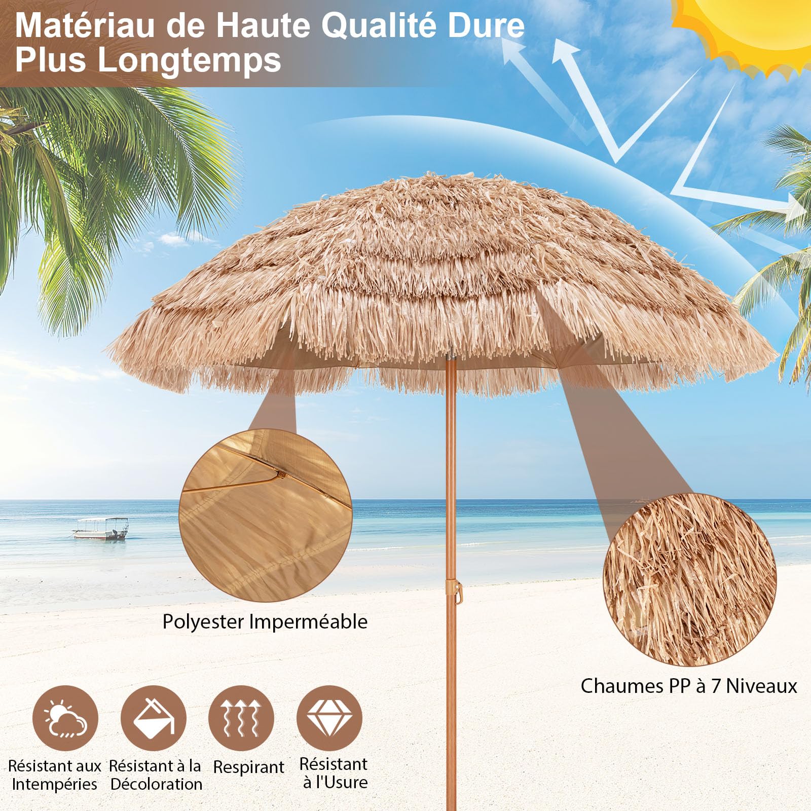 RELAX4LIFE Parasol Plage Tropicale Φ220 CM, Parasol Exotique Paille Hawaïen 8 Baleines Inclinable pour Balcon Patio Balcon