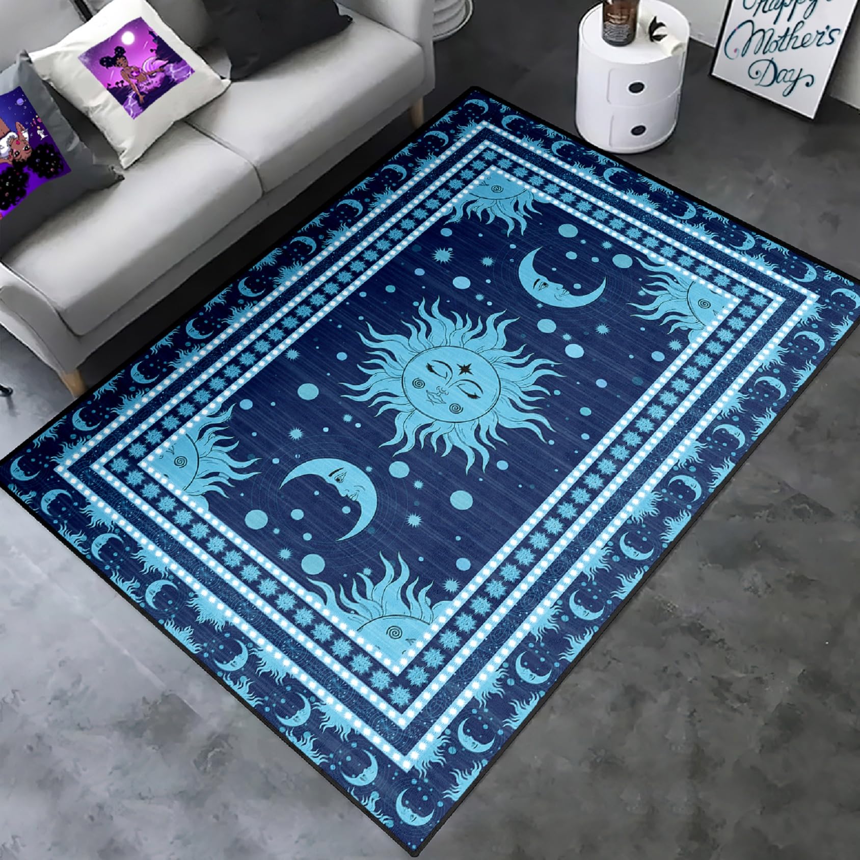 Celestial Carpet - Sun and Moon Rug Bohemian Area Rugs for Bedroom Celestial Rugs for Living Room Blue Gothic Rug Kids, 4.5x6 Feet