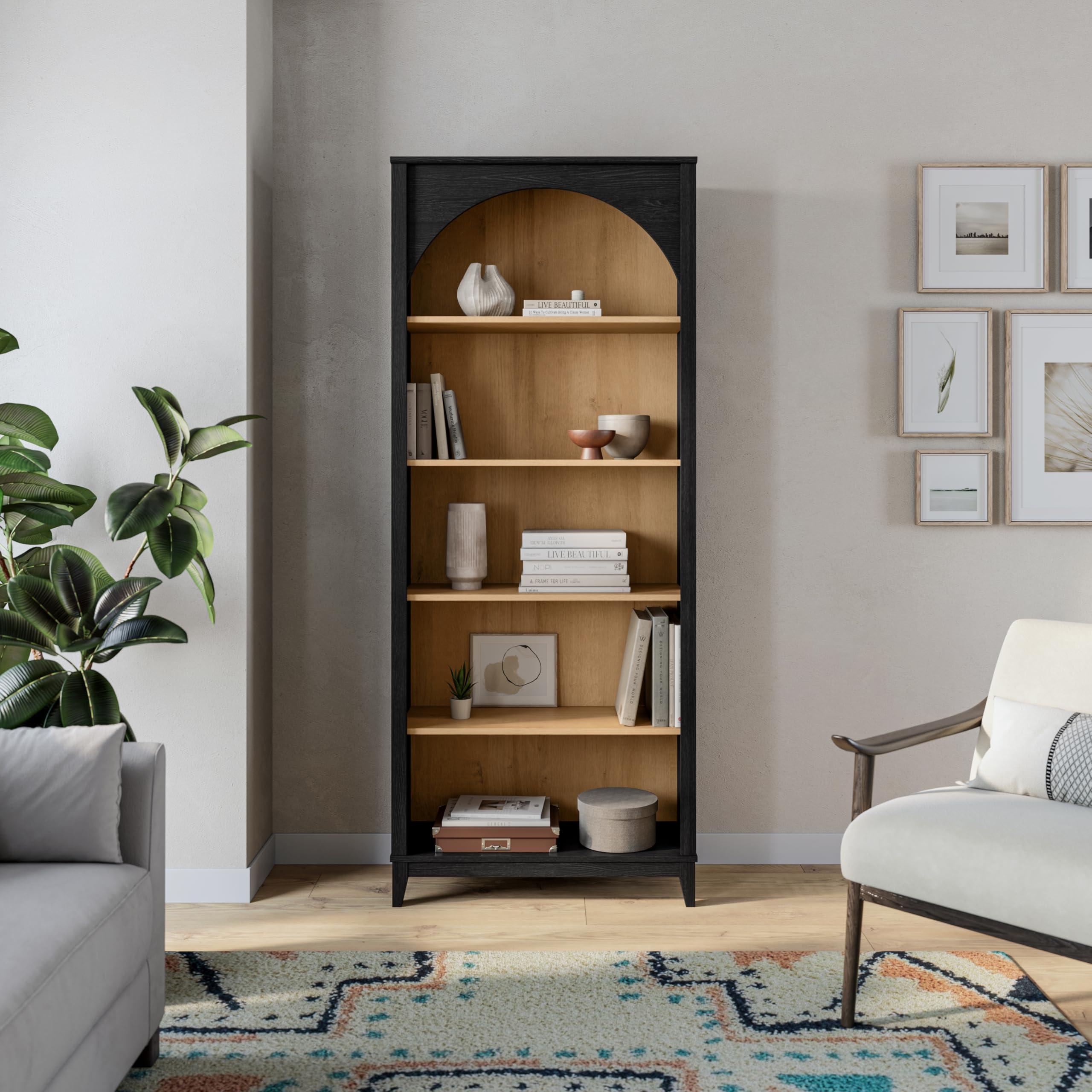 Prepac Ark 78" Tall 5-Tier Arched Bookcase, Black Oak with Oak Finish Interior, Modern Storage Accent Bookshelf with 3 Adjustable Shelves for Home, Office, Living Room, Bedroom