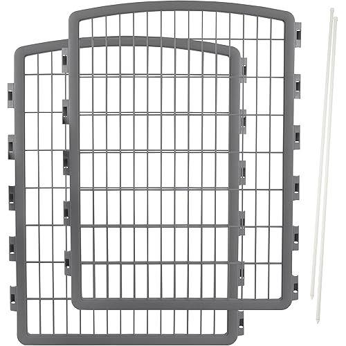 IRIS USA 34'' Pet Playpen 2 Panel Add-On with Connecting Rods, Dog Playpen, Small Medium Large Dogs, Heavy-Duty Molded Plastic, Rust-Free, Non-Skid Rubber Feet, Easy Assemble, Customizable, Gray