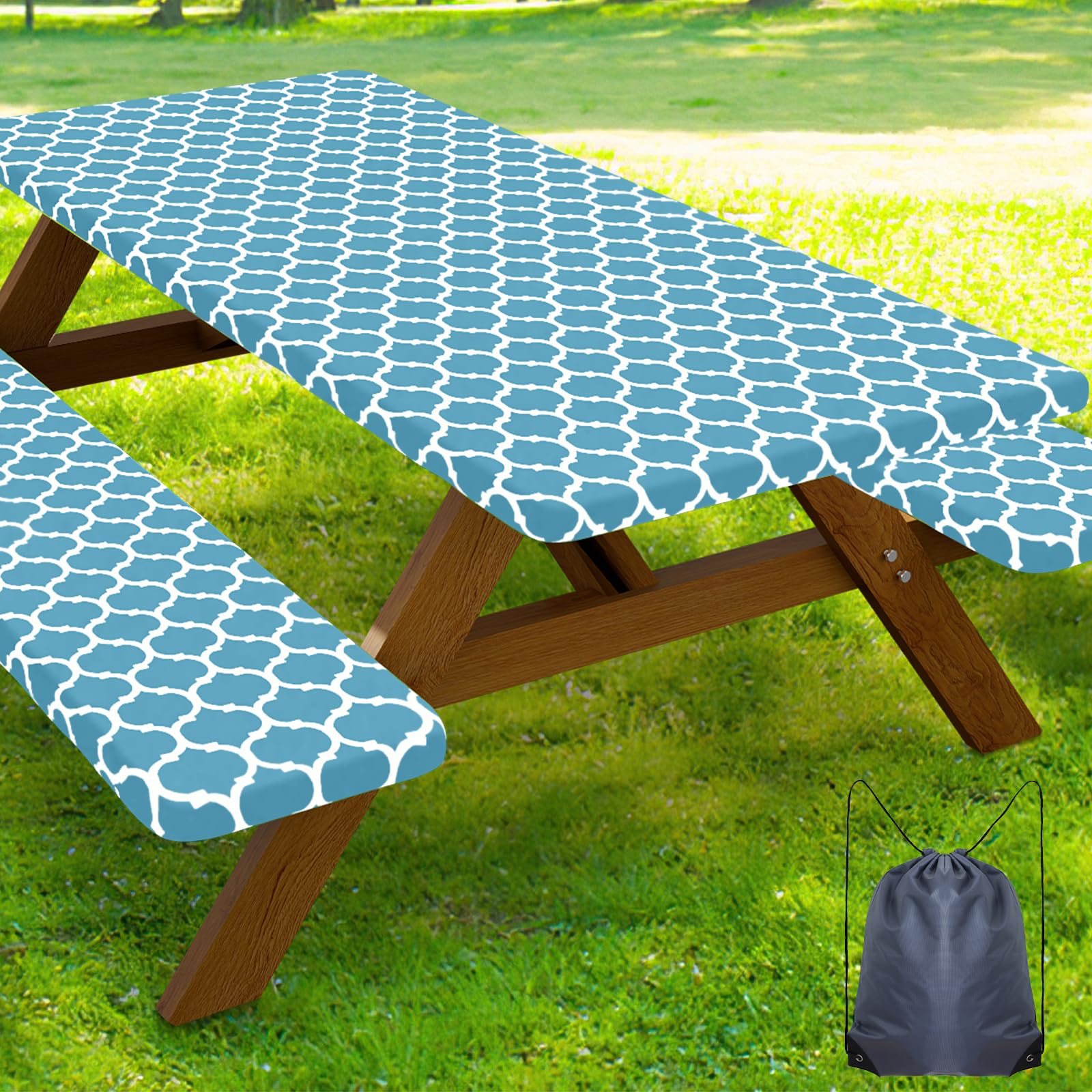 Smiry Picnic Table Cover with Bench Covers, Waterproof Elastic Fitted Tablecloth for 6 Foot Tables, Washable Polyester Tablecloths for Camping, Indoor &amp; Outdoor (Light Blue, 30x72 Inch 3-pc Set)