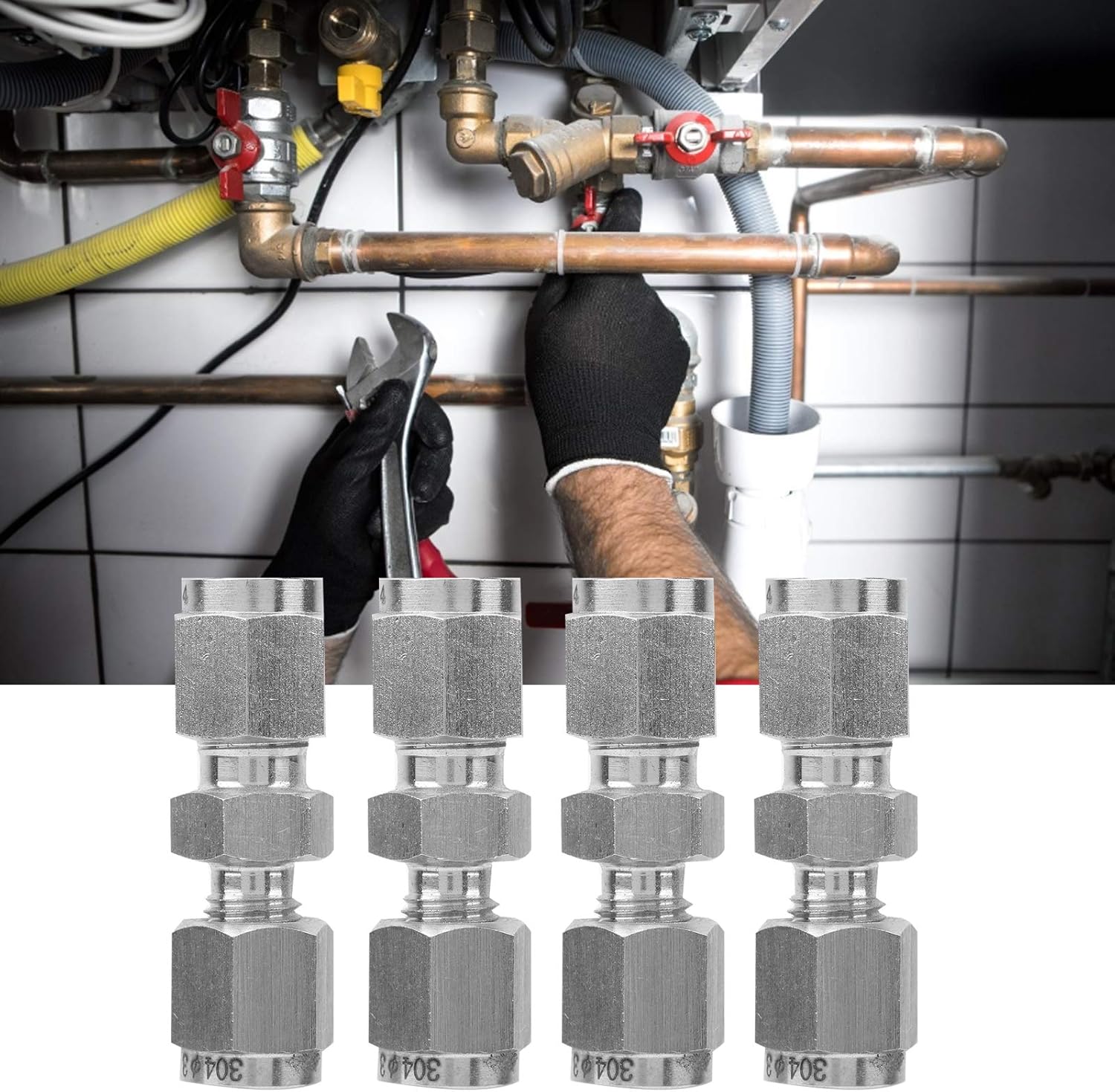 4Pcs Compression Tube Adapter 304 Stainless Steel Double Ferrule Straight Reducer Union, Leak Proof Fitting for Water Air Oil Pipes (F3/F4)