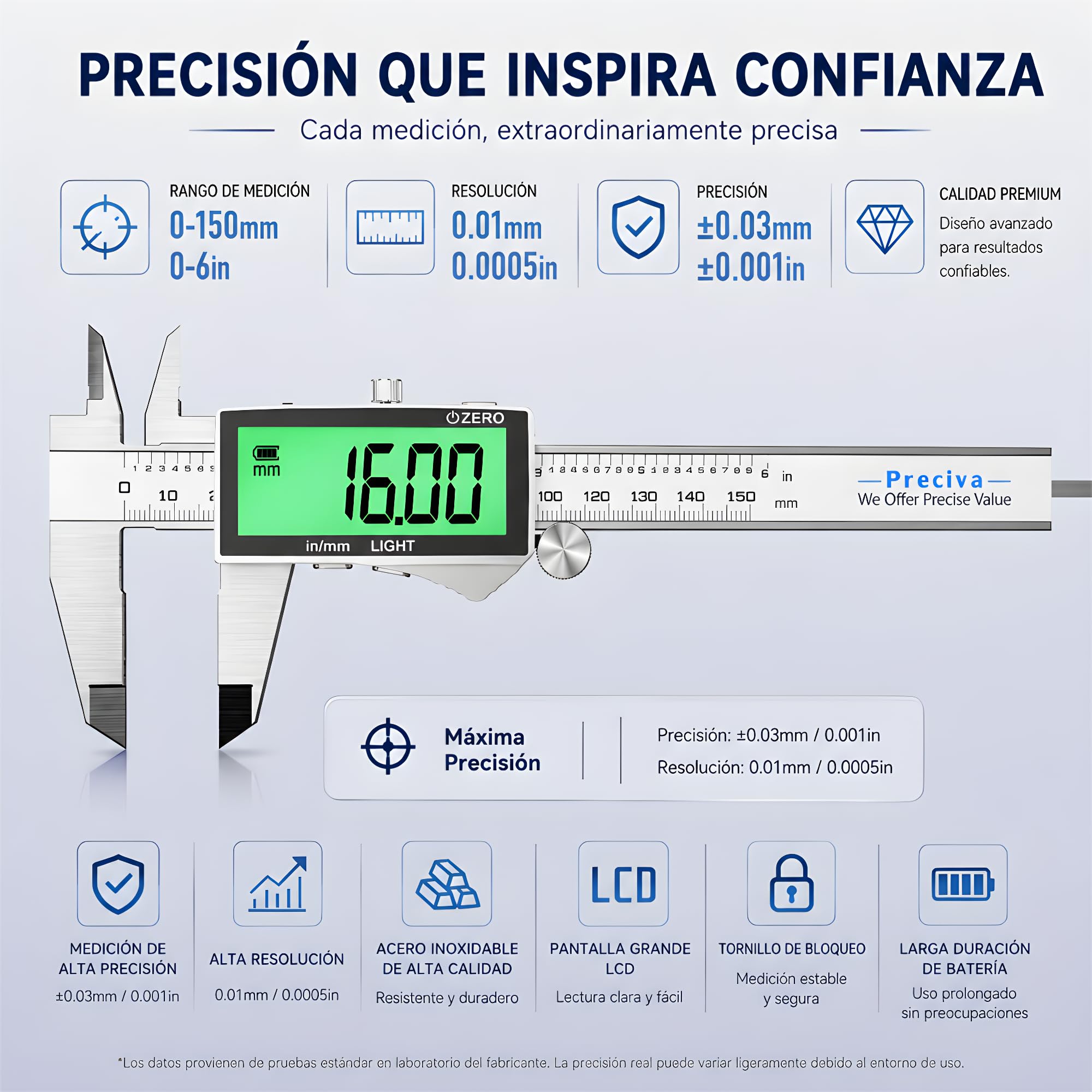 Preciva Calibro Digitale, Calibri Ricaricabile, Calibro Elettronico in Acciaio Inox con Ampio Schermo LCD Retroilluminato, Plicometro Professionale per Officina, Meccanica, Fai da Te