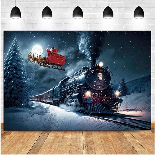 Miniatura 10 de Fondo de fotografía de tren de Navidad, tren nocturno de invierno, Papá Noel, fondo fotográfico para Navidad, Año Nuevo, fiesta infantil,