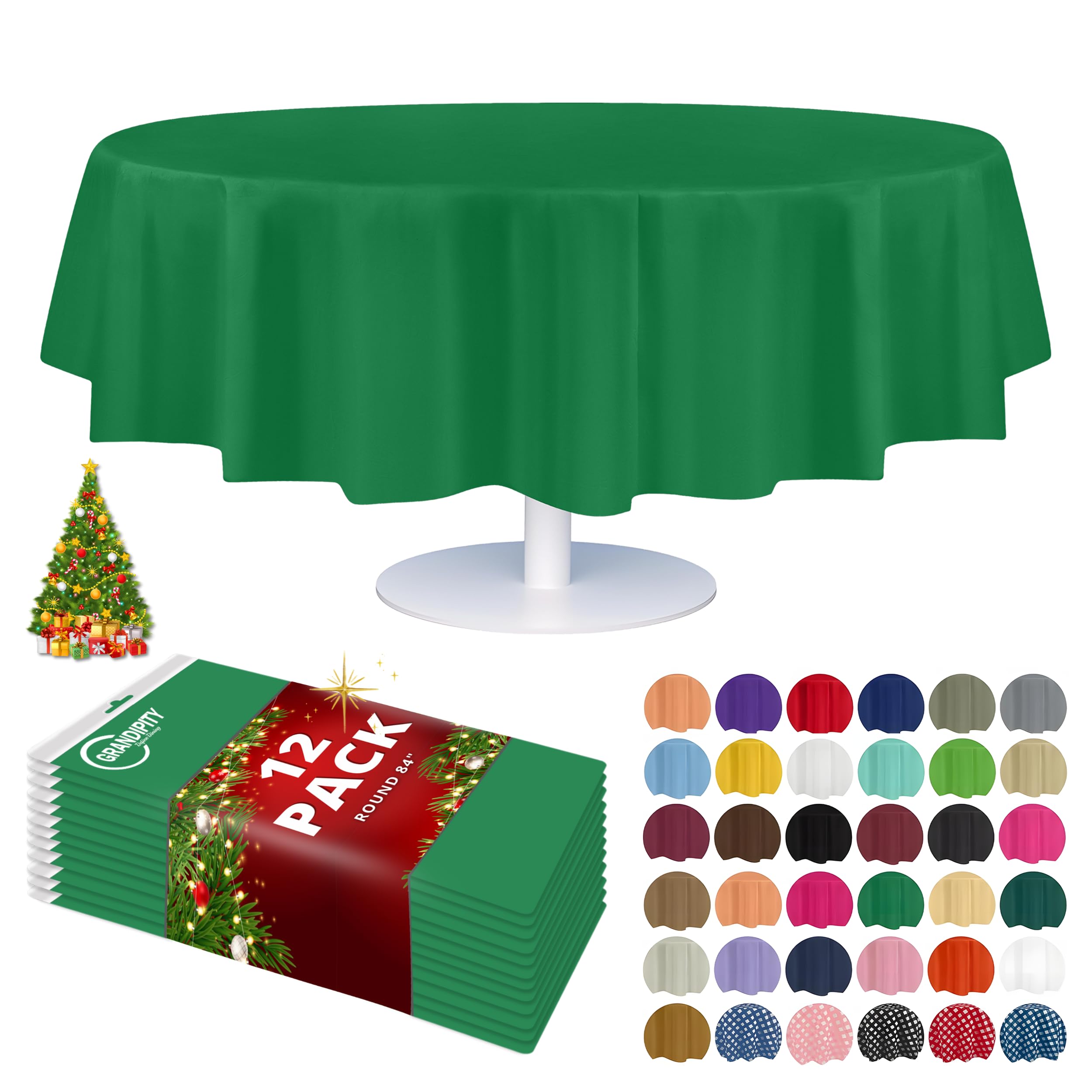 Grandipity 12 Pack Premium Disposable Plastic Tablecloth 84" Inch Decorative Round Table Cover - Green