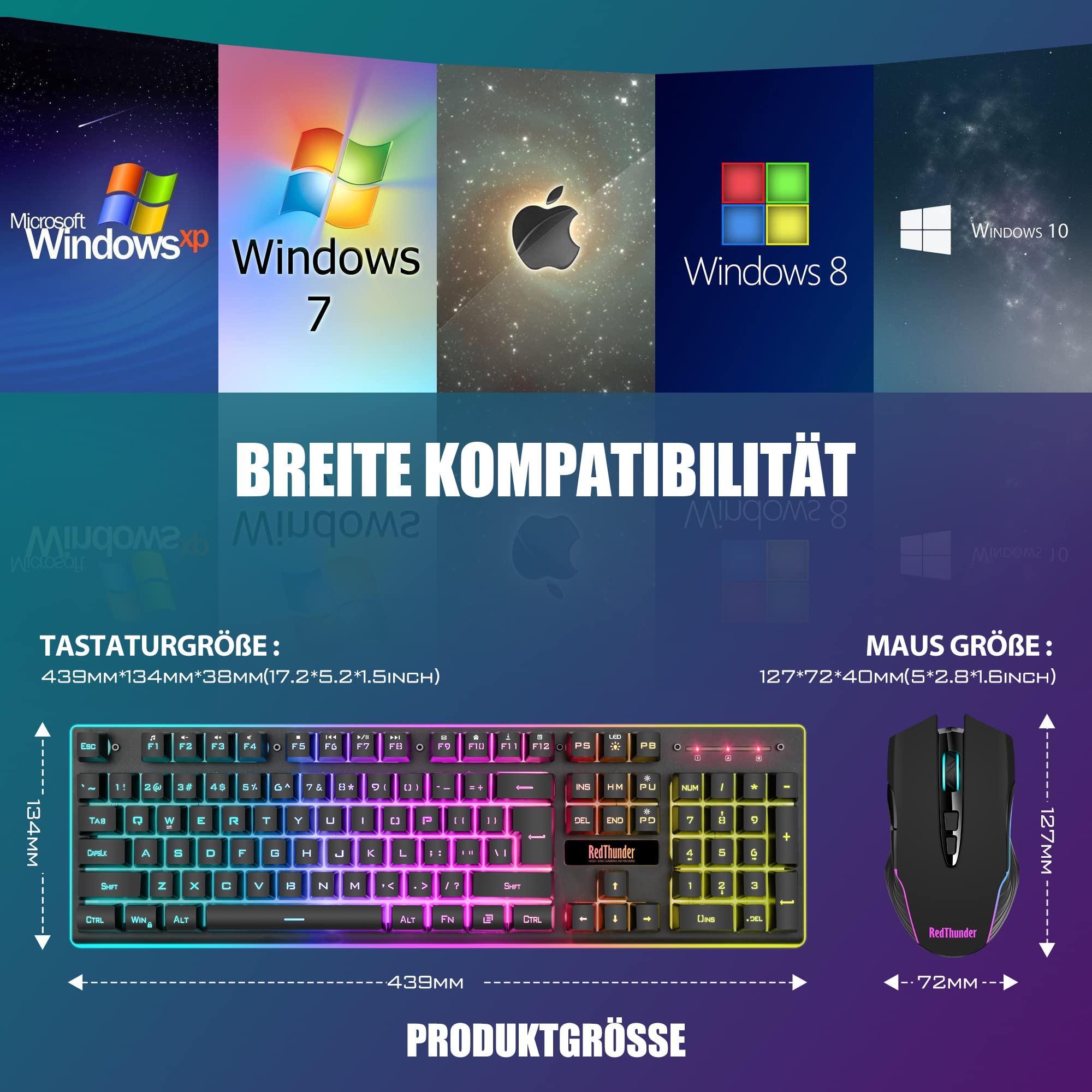 RedThunder K10 Kabelloses Gaming Tastatur und Maus Set, QWERTZ DE Layout, 3000mA, 3200 DPI, Schwarz