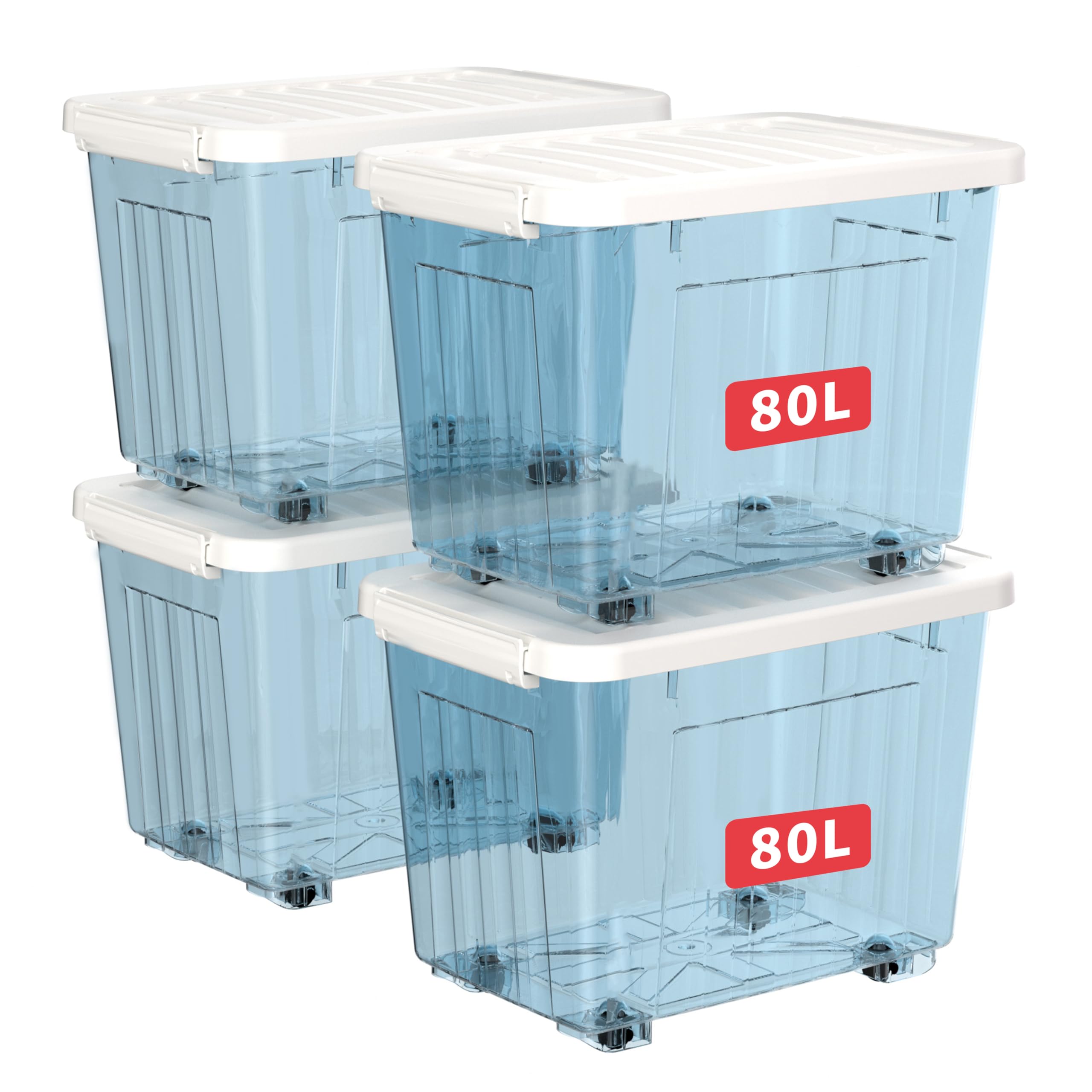 Cetomo 80L*4 Cajas de Almacenamiento con Tapas, Contenedores de Plástico con Ruedas, Clip On, Apilables, Encajables, Organizador Rayado para Oficina en Casa, Azul Claro, 80L-4 Pack