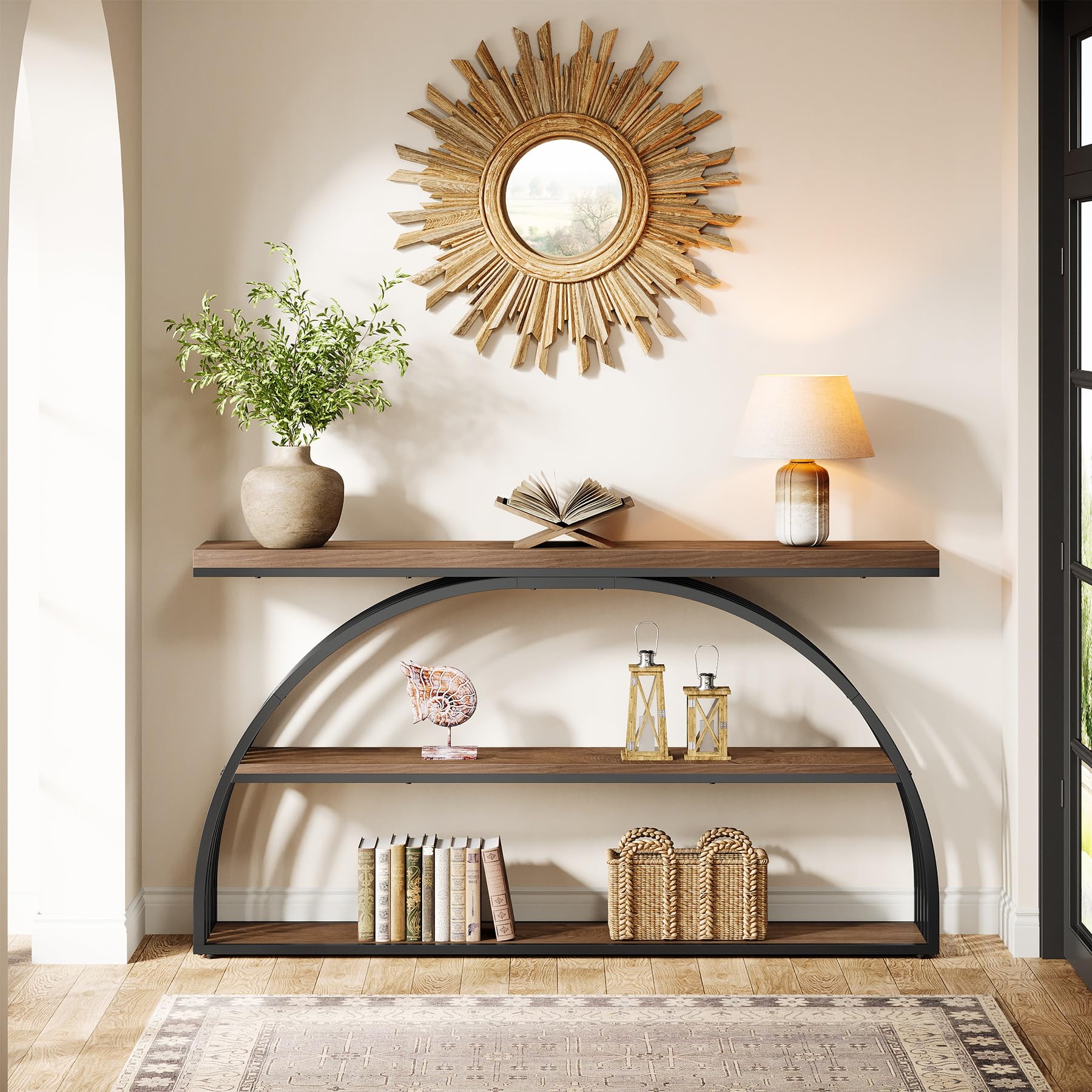 Tribesigns Konsolentisch für den Eingangsbereich, 160 cm Langer Tisch im Landhausstil mit gewölbtem Rahmen, 3-stufige industrielle Sofakonsolen hinter dem Sofa für Wohnzimmer, Flur, rustikales Braun