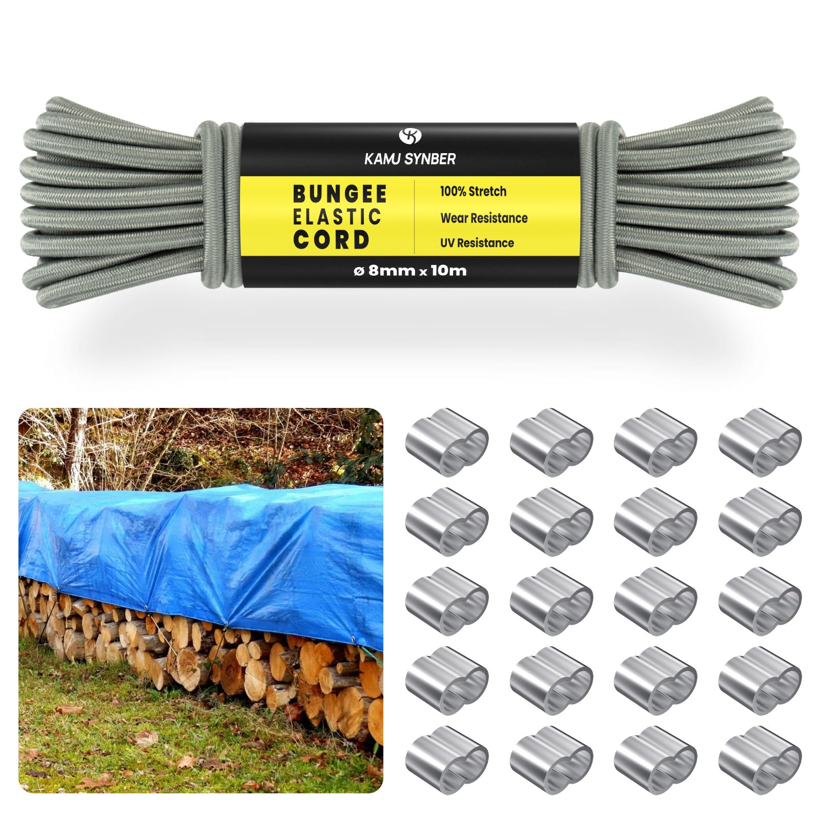Kamu Synber 8mm x 10m Bungee Cord Elastic Shock Cord Bungee Rope for Trailer, Tarpaulin, Camping, Kayak, Luggage | 20 x Aluminum Loops | Grey