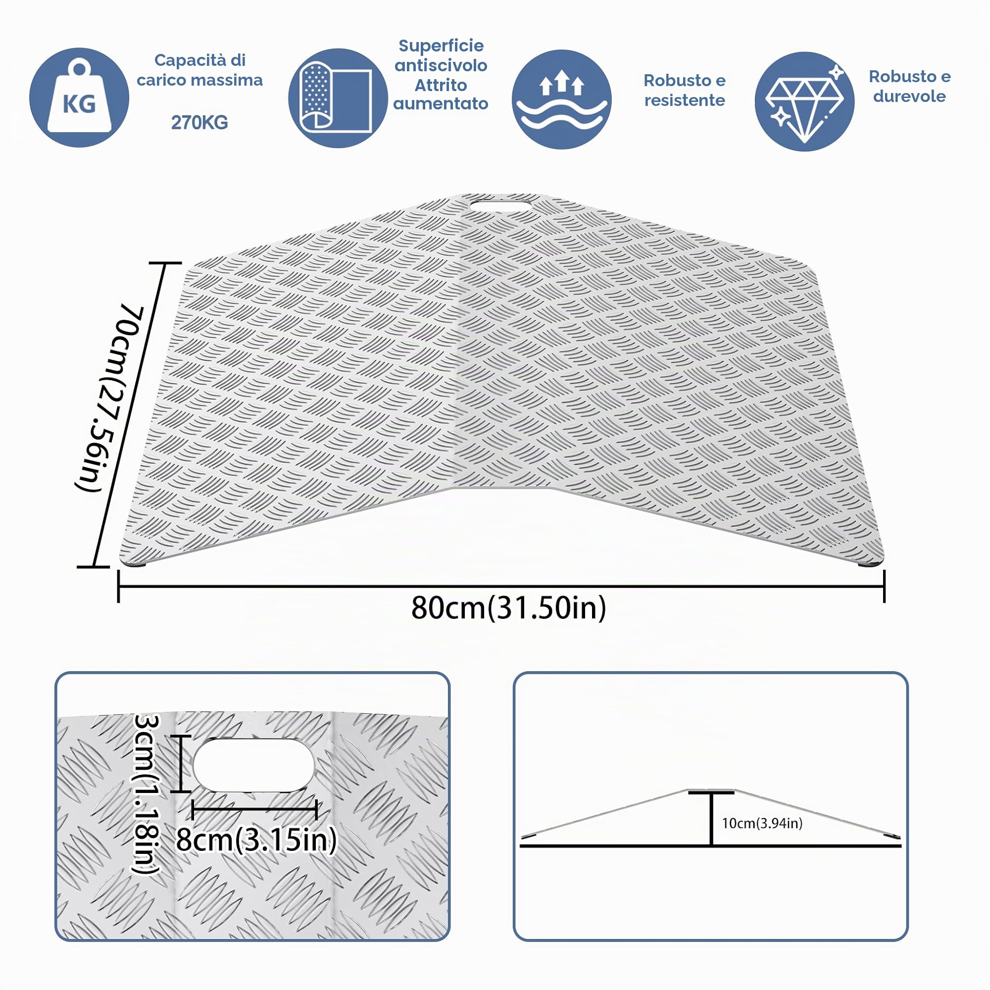 ACXIN Rampa per soglia della porta, rampa per sedia a rotelle, in alluminio, antiscivolo, portatile, con manici, portata 270 kg (80 x 70 x 10 cm)